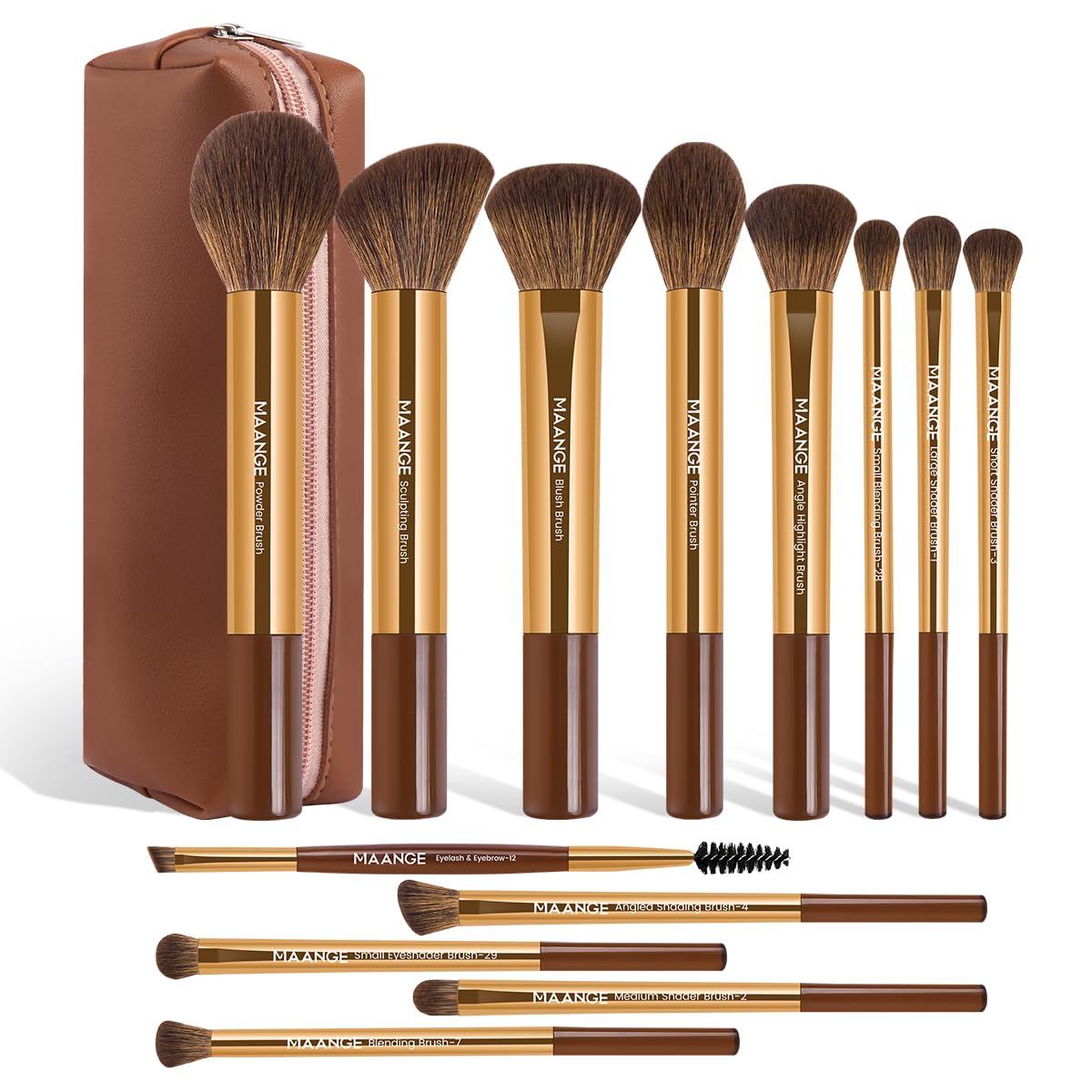 MAANGE 13 PCS Makeup Brushes Professional Make Up Brushes Premium Synthetic Powder Concealers Brushes Travel Makeup Brush Set with Case (Gold)