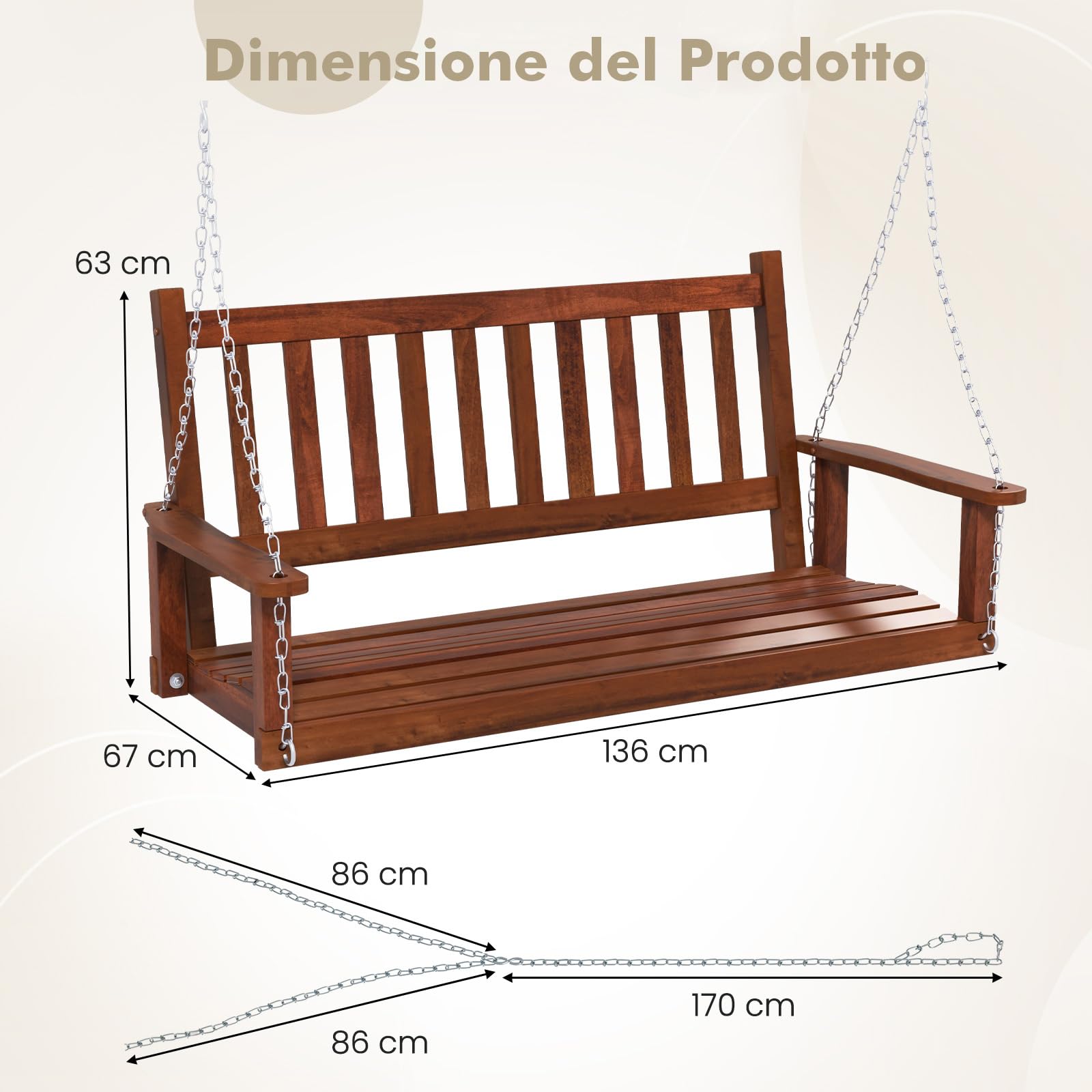 COSTWAY Altalena da Giardino in Legno per 2 Persone, Panchina Sospese in Legno con Capacità di Peso di 230 kg, Sedia a Dondolo per Giardino, Cortile (Marrone, 136 x 67 x 63 cm)