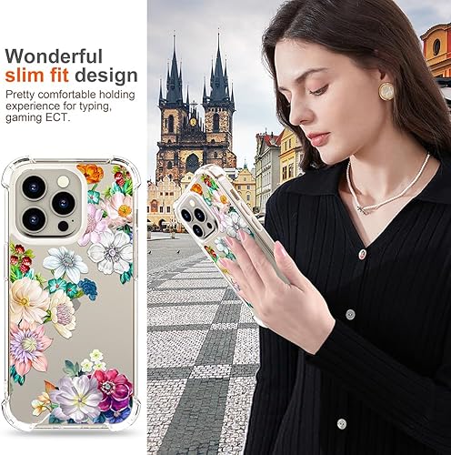 Miniatura 6 de Funda para iPhone 15 Pro con diseño floral, bonita funda transparente con diseño, femenino para mujeres y niñas, funda transparente floral