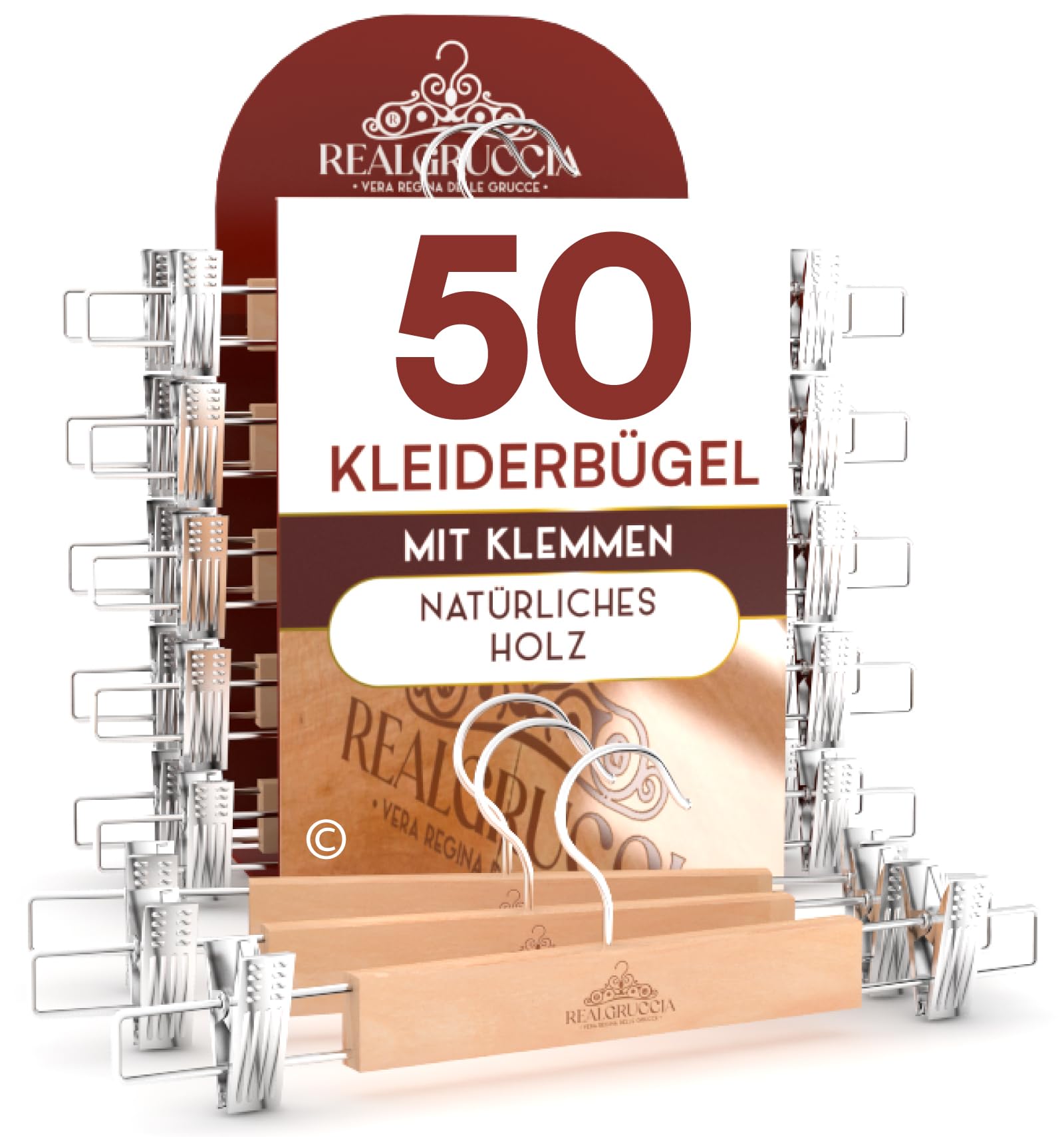 50 Kleiderbügel mit Klammern aus Holz 13x33cm Hosenbügel Röcke Jeans - RealGruccia 360° Drehbarer Haken aus Widerstandsfähigem Metall - Polierte Ausführung - Platzsparende Verstellbare Clips Stabil