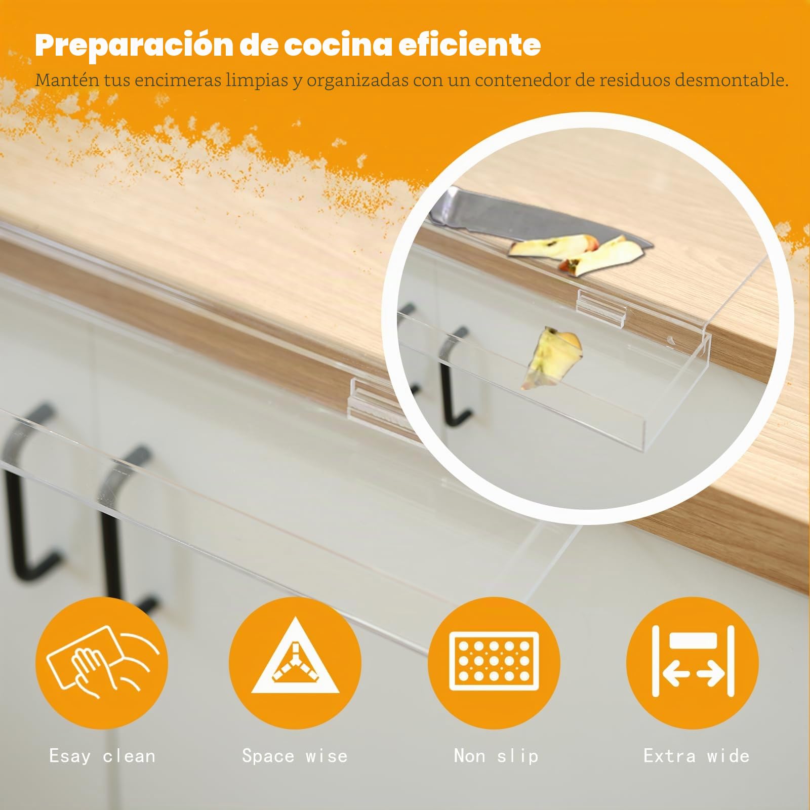 Tabla de cortar acrílica con contenedor de residuos y borde de mostrador | Tabla de cortar grande transparente para encimera de cocina, 60% más gruesa, antideslizante, ideal para cortar verduras