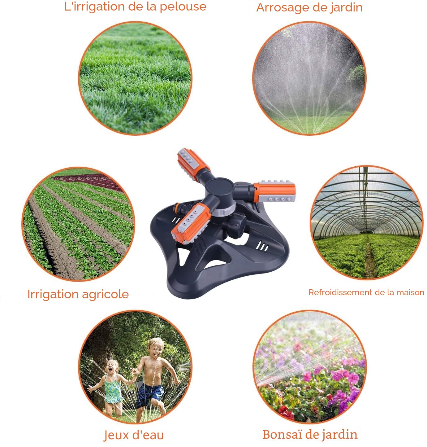 HERZO Arroseur de Jardin 3 Bras 360 °, Système d'arrosage Automatique, Débit réglable et débit d'eau, Grande Surface de pulvérisation