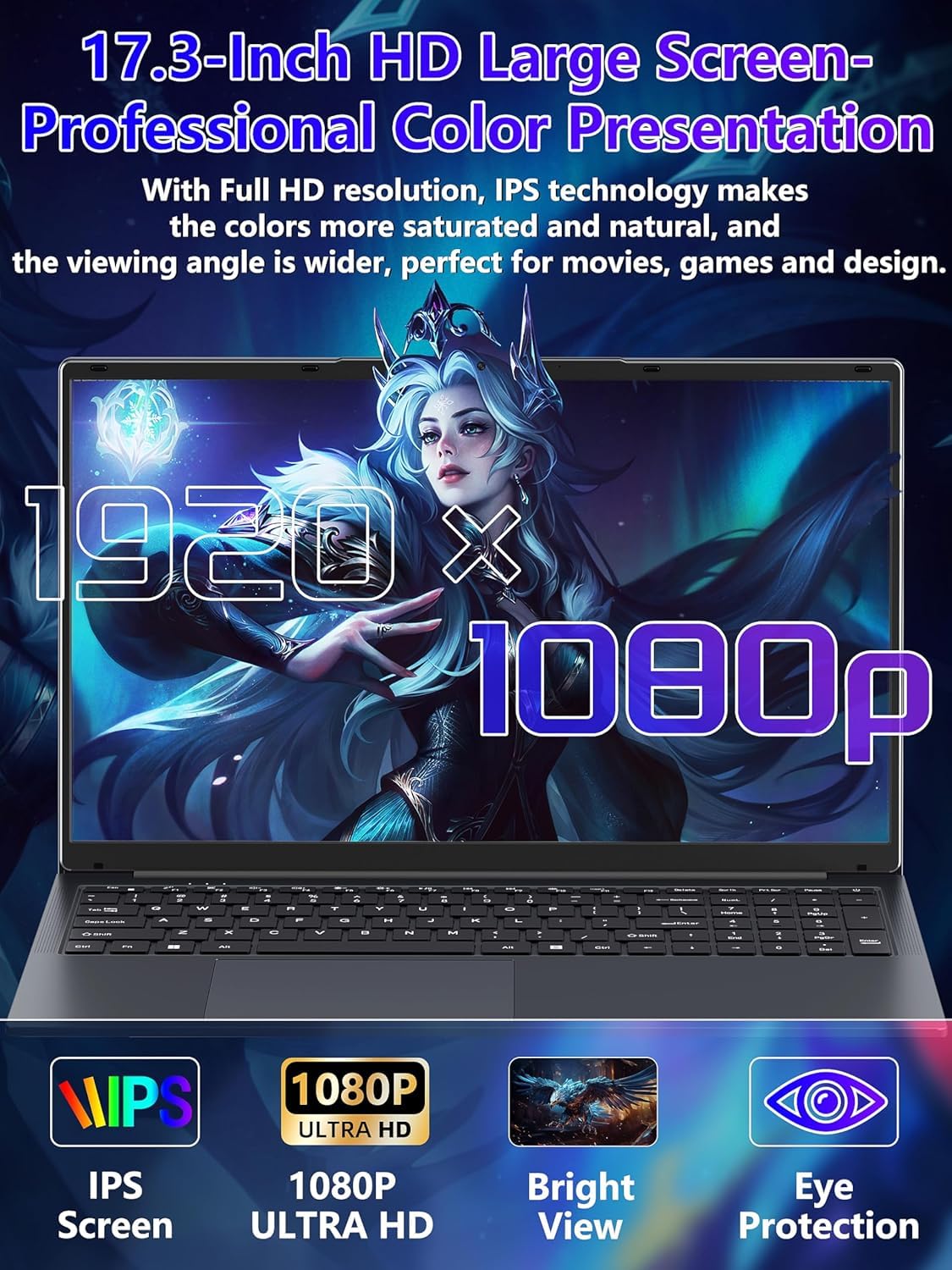 17,3 Zoll Laptop,16GB DDR4 RAM,1TB SSD,N150(Beat N95 N5095) | bis zu 3,6 GHz,FHD IPS Display,Lange Akkulaufzeit, Beleuchtete Tastatur,Ziffernblock,Webcam,WiFi/Bluetooth/USB 3.0,Grau