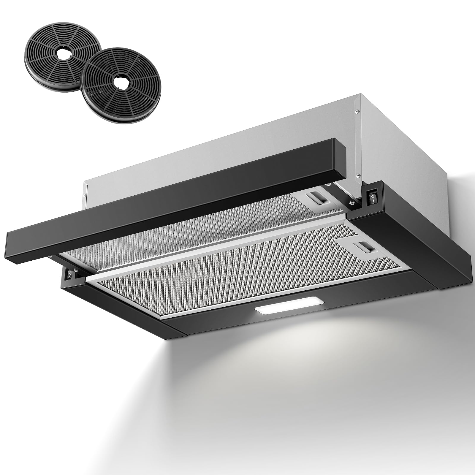 KICHPOWER Cooker Hood 60 cm, Telescopic Hood 620 m³/h, Stainless Steel Surface, LED Lighting, 2 Grease Filters