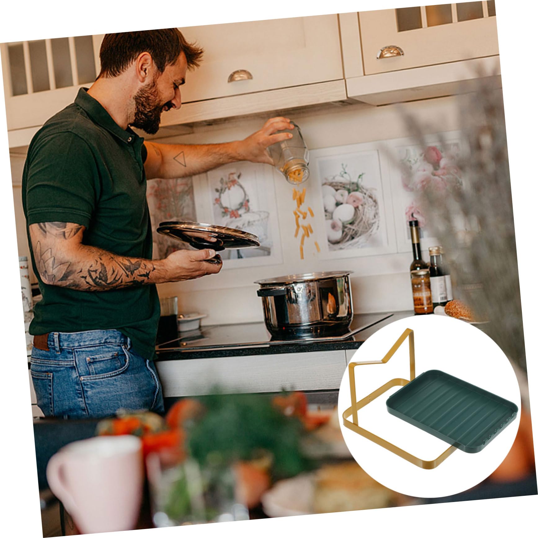 VINTORKY Kitchen Spoon Rest and Pot Lid Rack Multi Function Countertop Organizer for Cooking Utensils Modern Design for Spaces Unique present for Home Decor