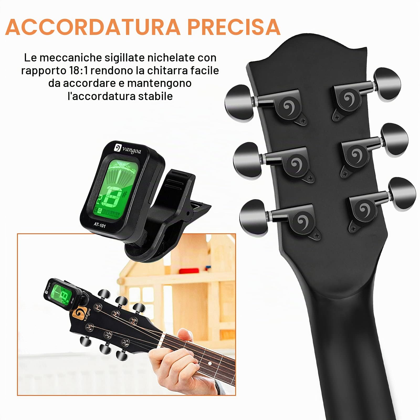 Vangoa 4/4 Chitarra per Mancini Principianti Adulti Mancina Acustica Chitarra Cutaway Left Handed Guitar Kits, Nero