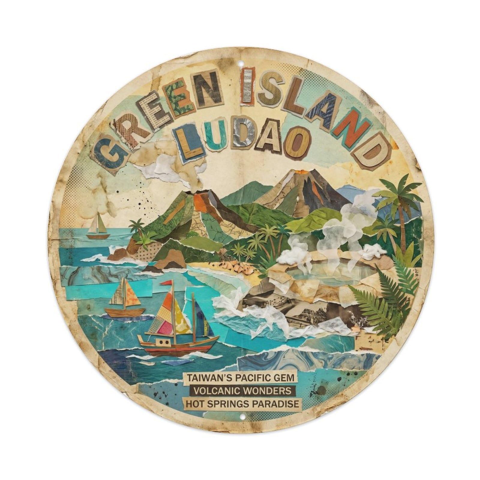 Green Island Township Tropical Coast Graphic Collage Metal Tin Sign