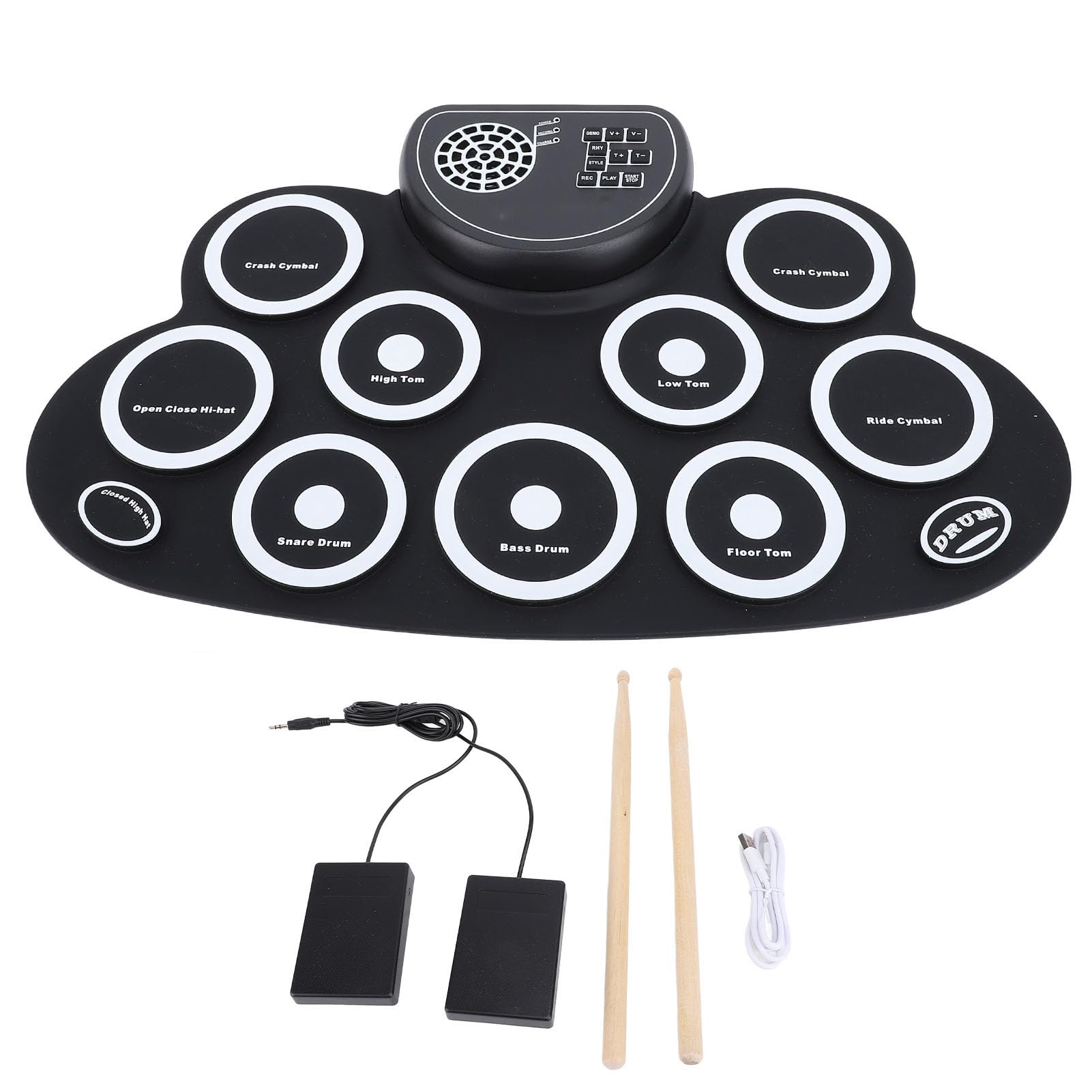 Set de pads electrónicos para batería enrollables, kit de batería eléctrica recargable con altavoz integrado, tambor de práctica de silicona con doble pedal para principiantes y