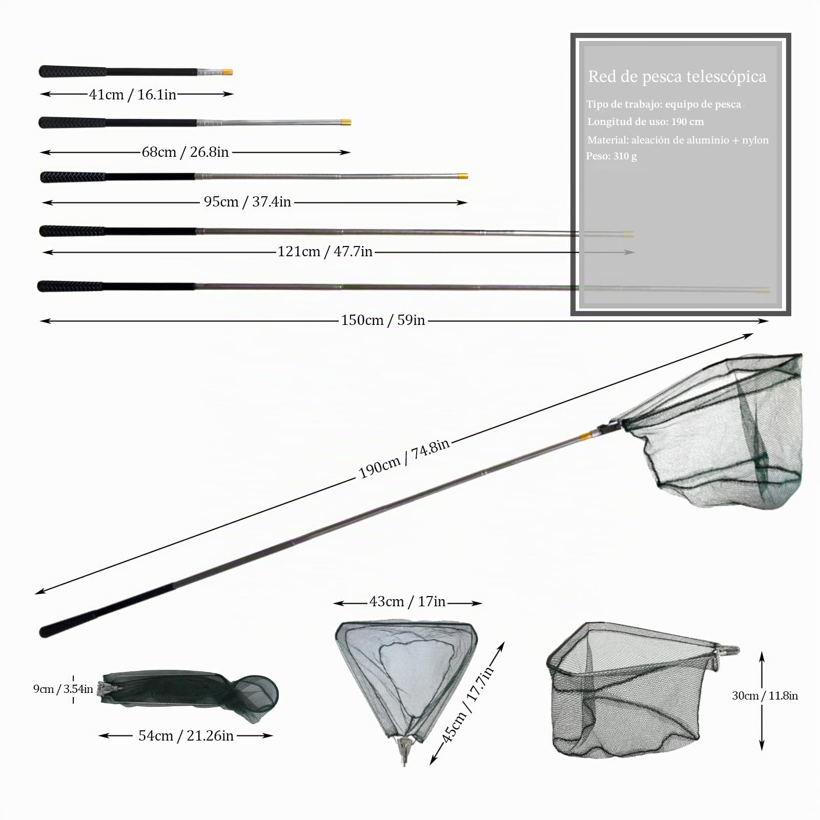 Red de Pesca de Aluminio Triangular Plegable -1,9 m Mango Largo telescópico Extensible -Red a Prueba de Enredos,Herramientas limpias para niños,del Acuario,estanques Objetos flotantes,pájaros