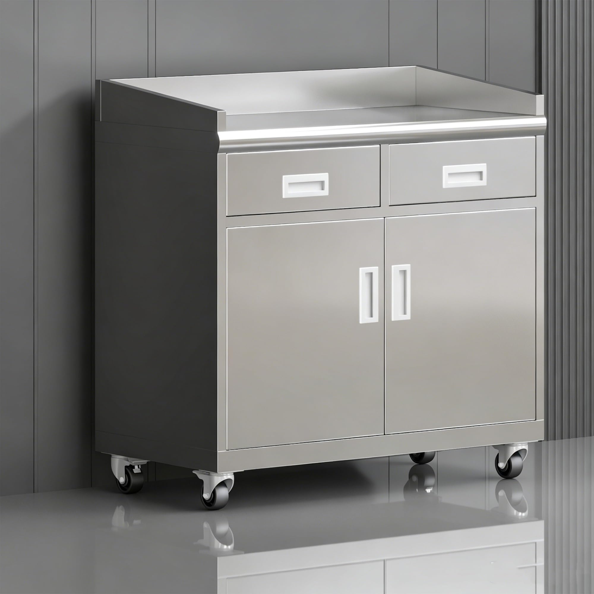 KIBONCY 304 Stainless Steel Buffet Cabinet, Lockable Kitchen Sideboard with Drawer & Adjustable Shelf, Multi-Purpose Prep Station Storage Cupboard for Household(B,1000)
