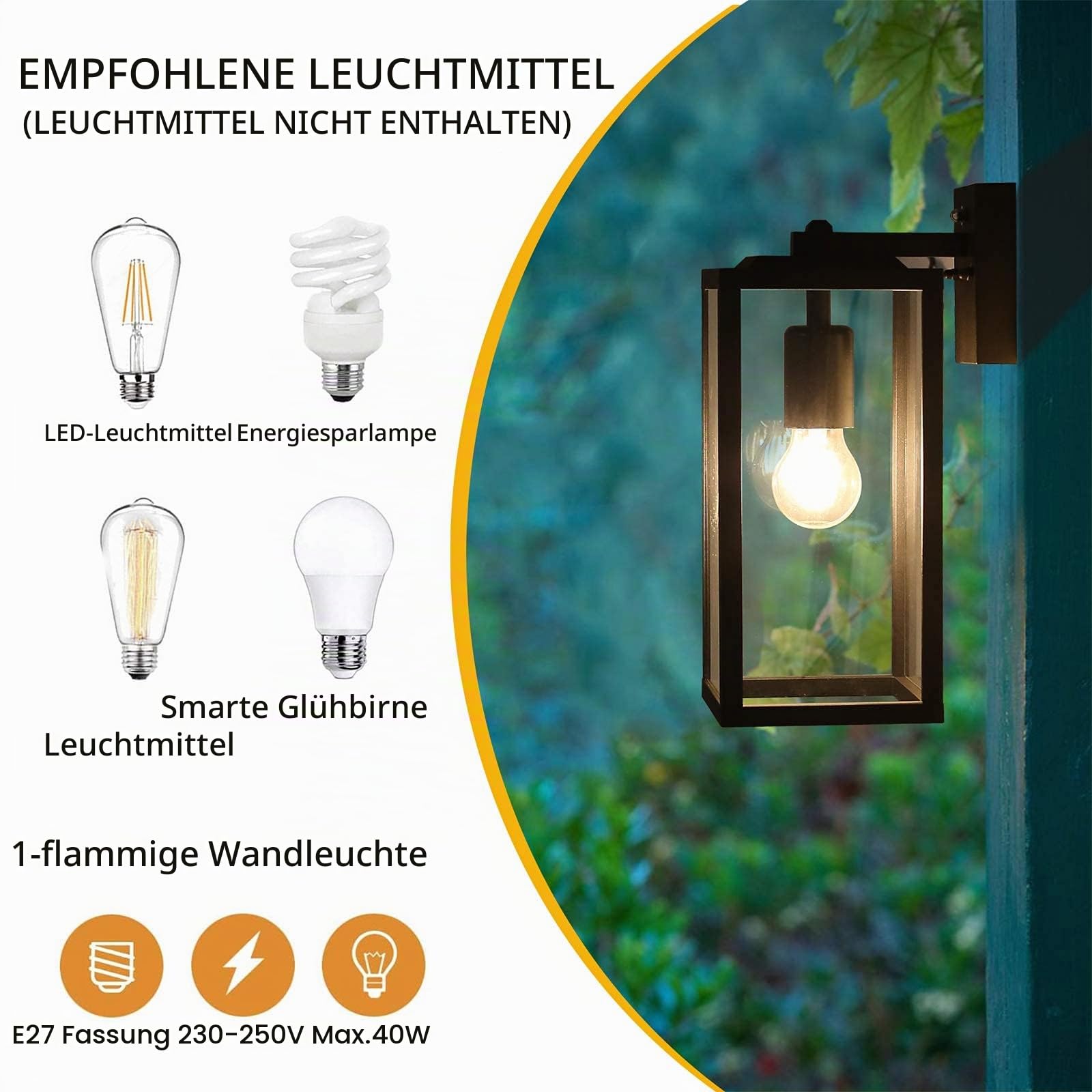HLFVLITE Außenwandleuchte aus Metall in Mattschwarz und klaren Glas, 1-flammige Wandlampe Außenleuchte Alumniumguss IP44 Wasserdicht Max. 60W E27 Fassung