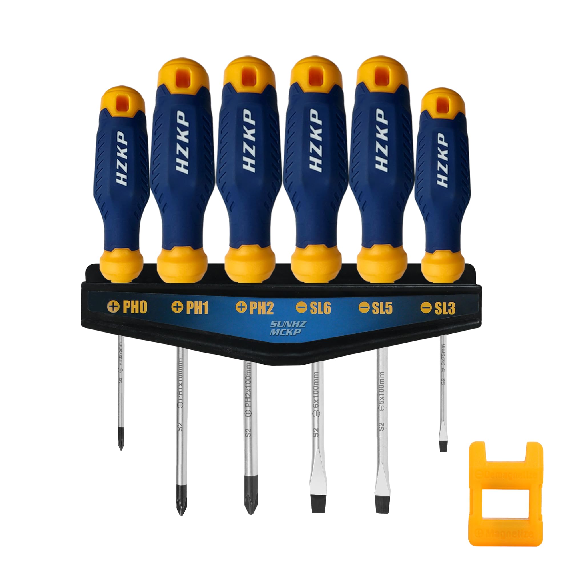 SUNHZMCKP 7-Piece Screwdriver Set, 3 Phillips and 3 Flat Screw Driver Made of S2 Steel, Screw Driver Set Kit with Wall Mount, Professional Cushion Grip and Magnetize&Demagnetize Device