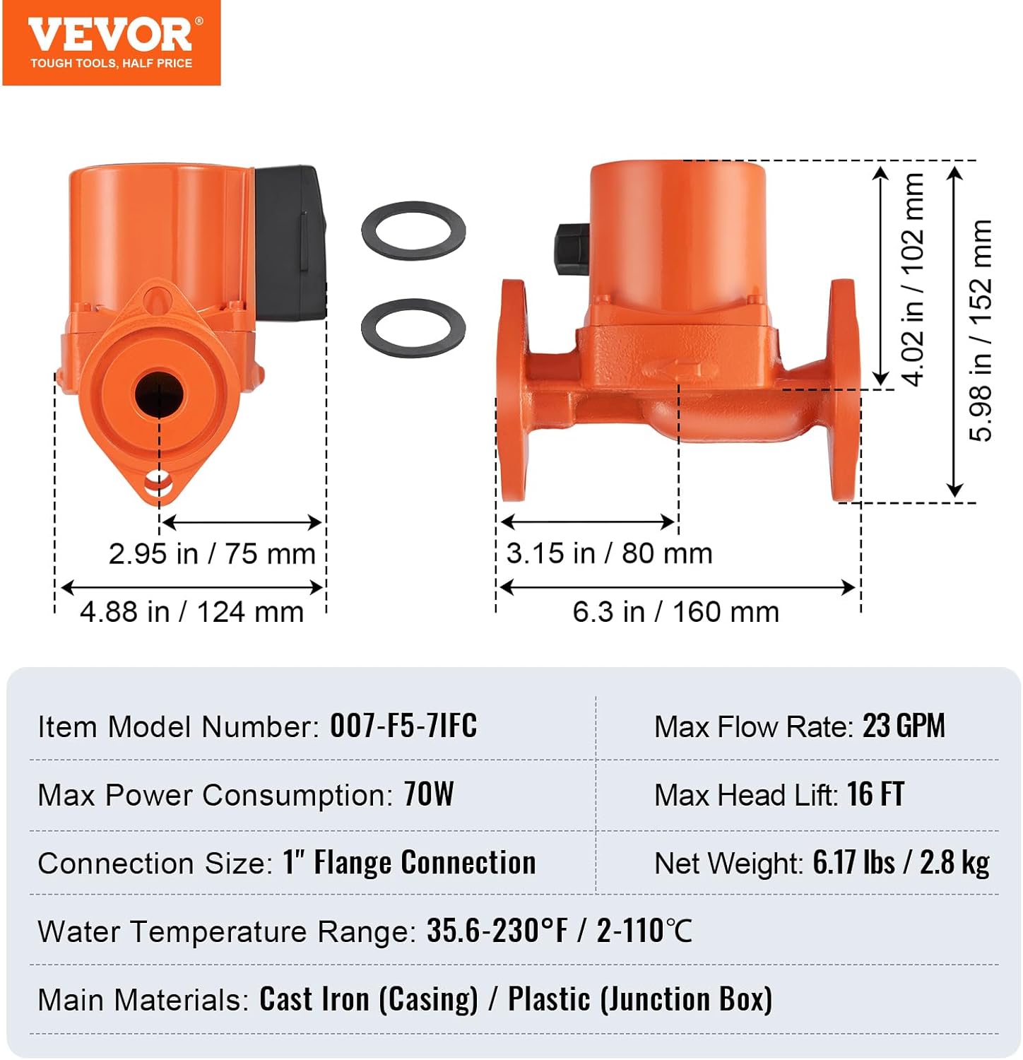 VEVOR 007-F5-7IFC 23 GPM Cast Iron Circulation Pump, 1" NPT Flange 3-Speed Hot Water Recirculating Pump, Quiet Operation Circulator Pump for Floor Heating/Home Water heater System