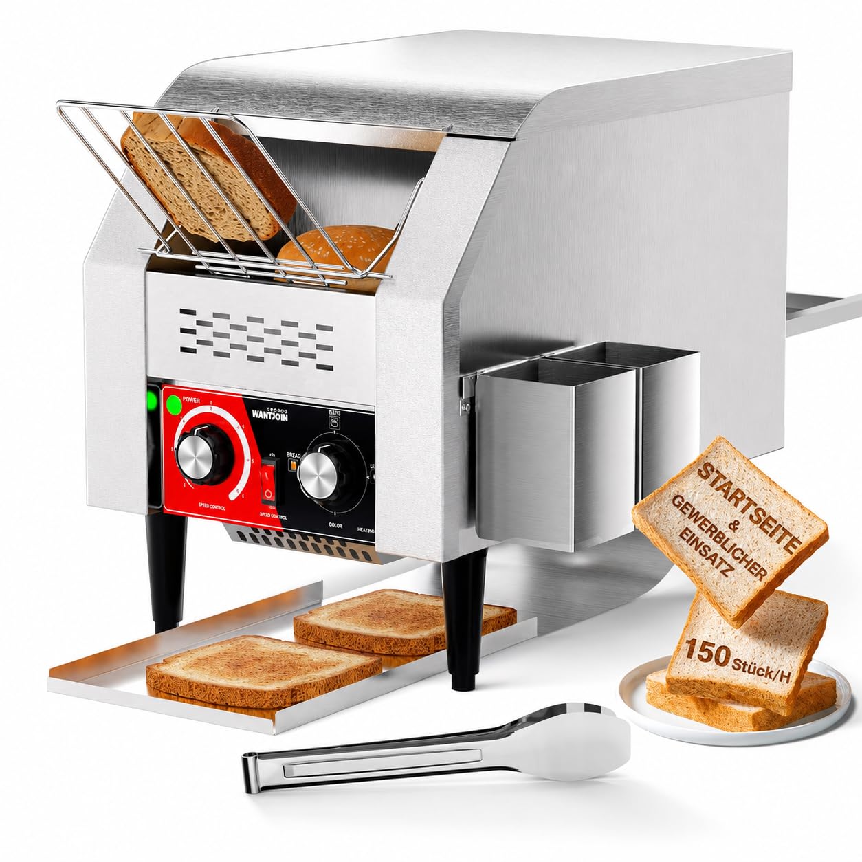 WantJoin Tostapane professionale – Dispositivo elettrico per 150 fette all'ora (toast, hamburger, pane), robusto tostapane in acciaio inox per campeggio, ristoranti, panetterie e buffet