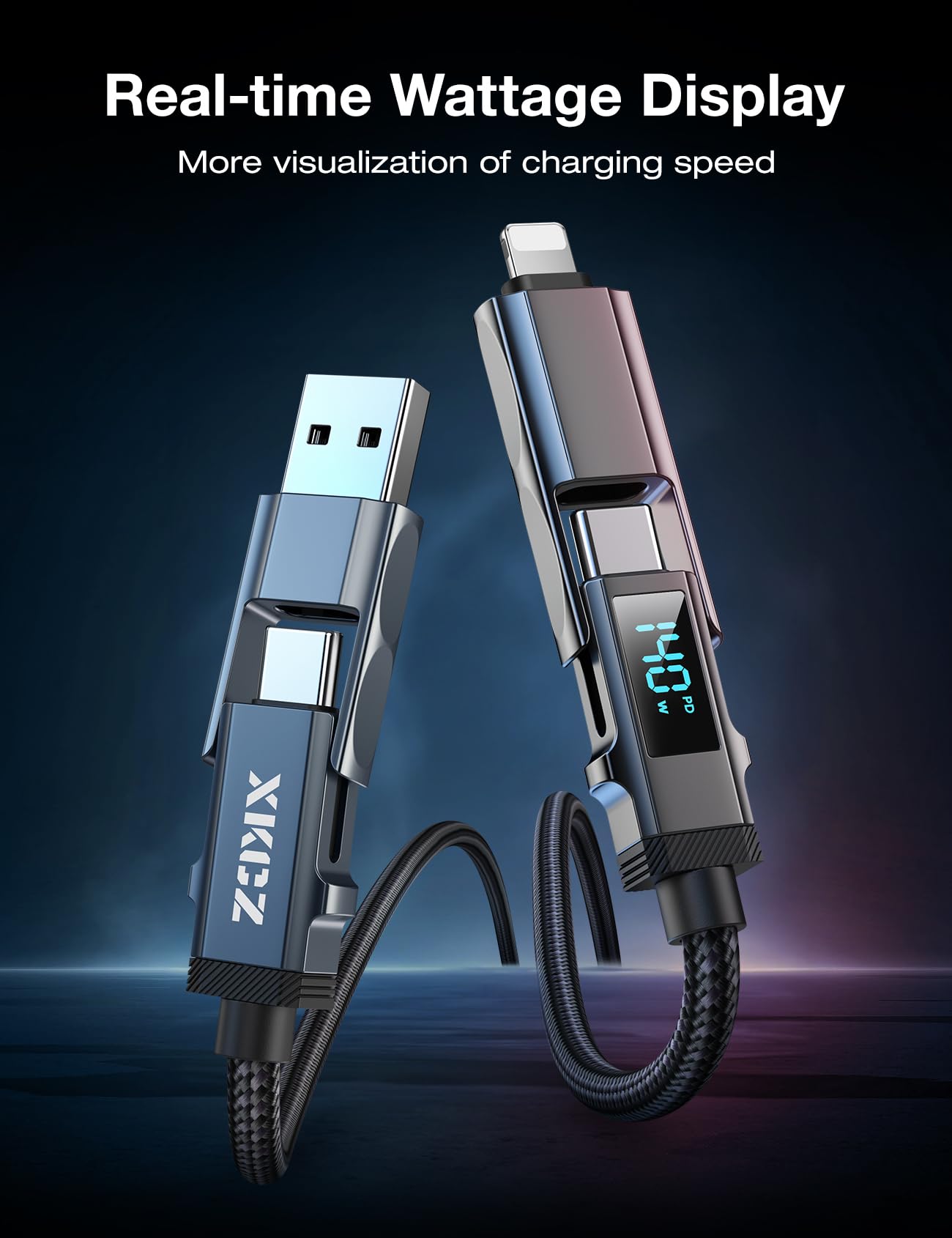 Cavo USB C 4 in 1 con display di potenza, 140 W rotondo in nylon intrecciato multi cavo di ricarica con sincronizzazione dati, cavo di ricarica USB C Combo tipo C/USB A/porta iPhone per iPhone/iPad