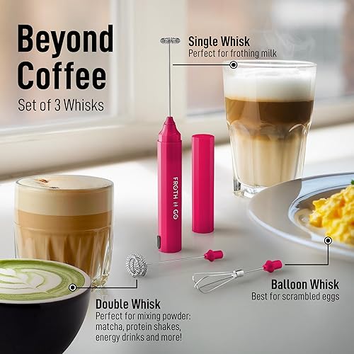 Vista 1246 de Zulay Kitchen - Espumador de leche de mano con pilas AA Duracell: batidora de bebidas resistente para café, latte, capuchino y más, color aurora