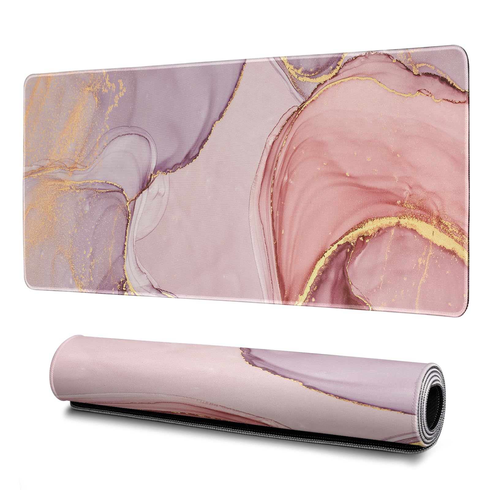 Rose Gold Marble Mouse Pad Abstract Marble Mouse Pad 31.5x11.8 Inch Texture Non-Slip Rubber Base Large Mousepad Stitched Edges Keyboard Mouse Mat Desk