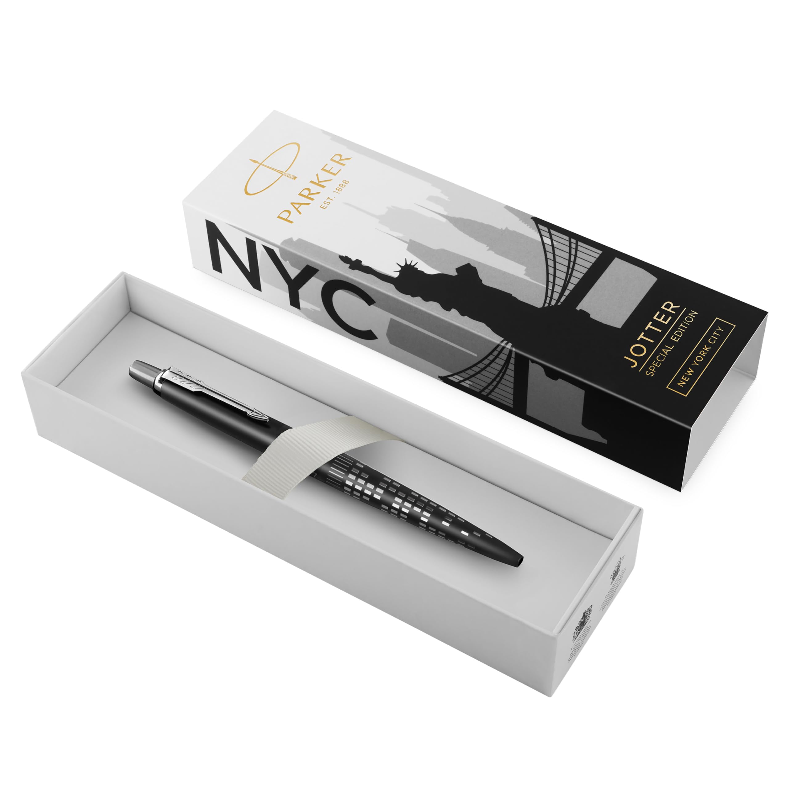 PARKER Jotter Bolígrafo | Edición Especial | NYC Negro con detalles cromados | Tinta Azul | Estuche de Regalo