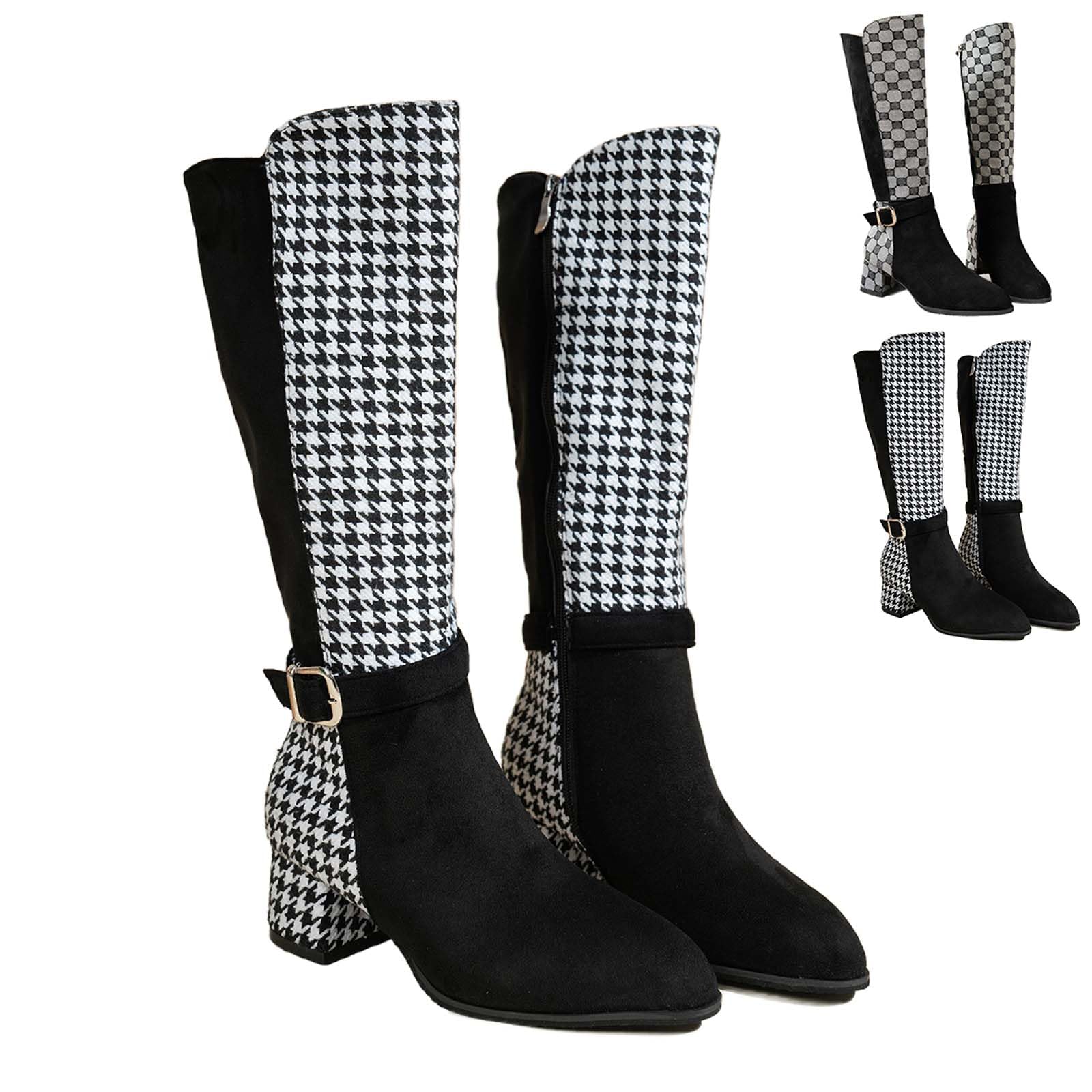 Color-Blocking Fall Boots For Women - Knee High Houndstooth Plaid Boots Fall Faux Suede Pointed Toe Tall Shoes