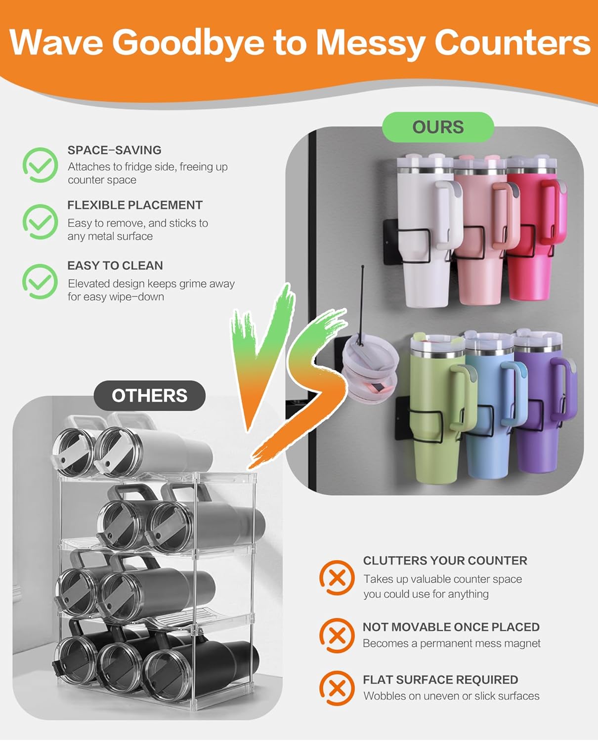 Magnetic Stanley Cup Holder for Refrigerator, Water Bottle Organizer for 40 oz Stanley Tumblers with Lid Storage, Kitchen Pantry Accessories & Cup Organizer - Image 5