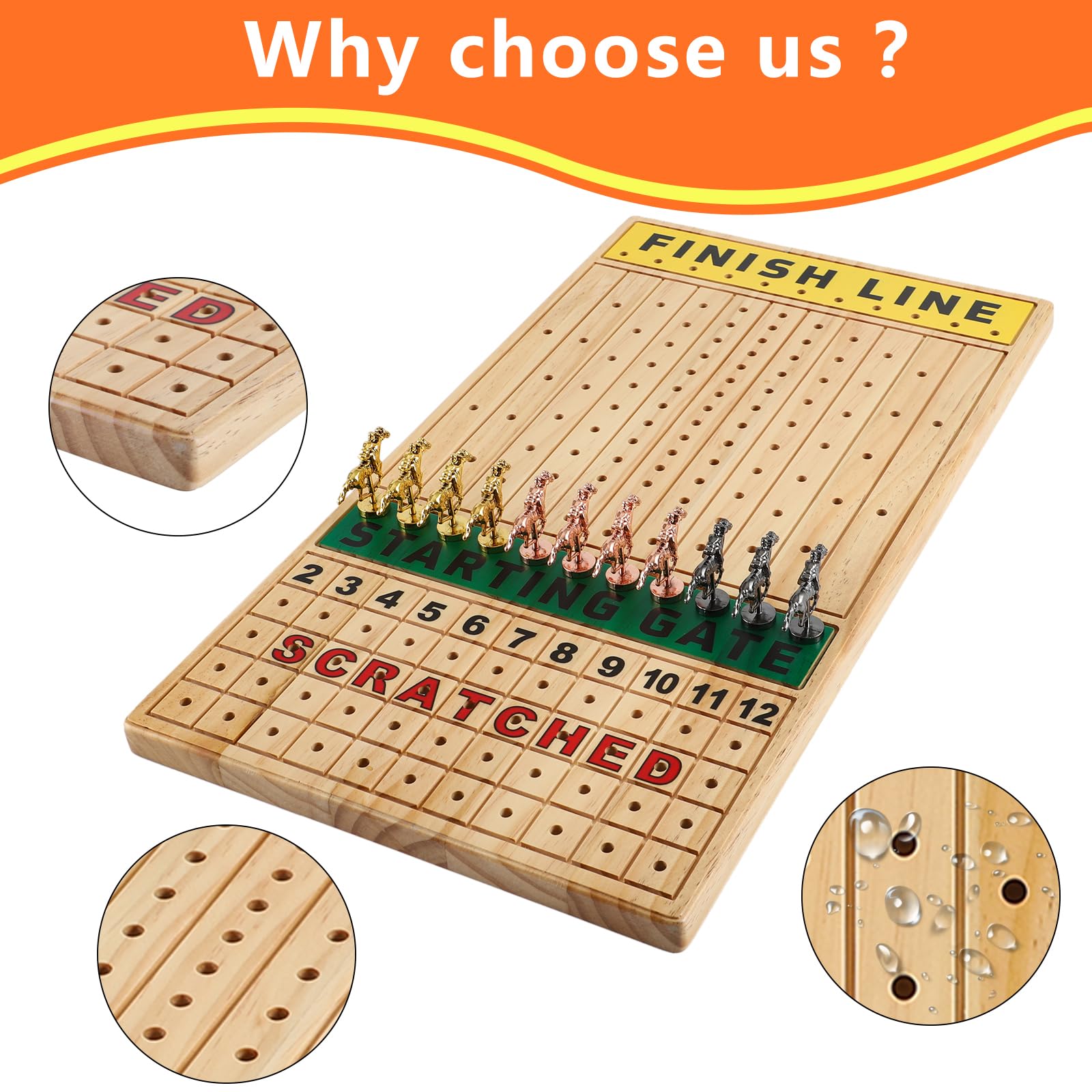 NRZSSN Extra Large 21in Horse Race Board Game with 11 Luxurious Durable Classic Metal Horses with 4 Dice and 2 Boxes of Cards Thickened Solid Wood Horse Racing Game (Log Color,Rectangle)