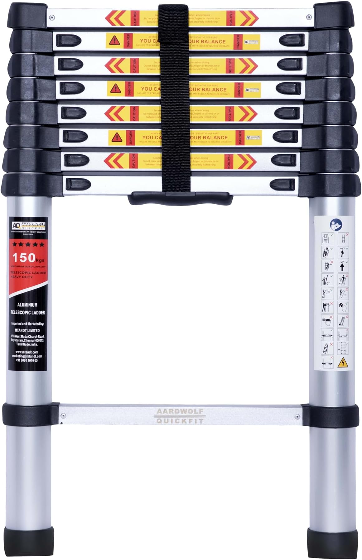 Aardwolf Quickfit 8.5 FT / 2.6 M | 9 Step | Telescopic Aluminum Ladder | 150kg Load Capacity| 2-Year Warranty | Easy-to-Fix DIY Design with Replaceable Parts