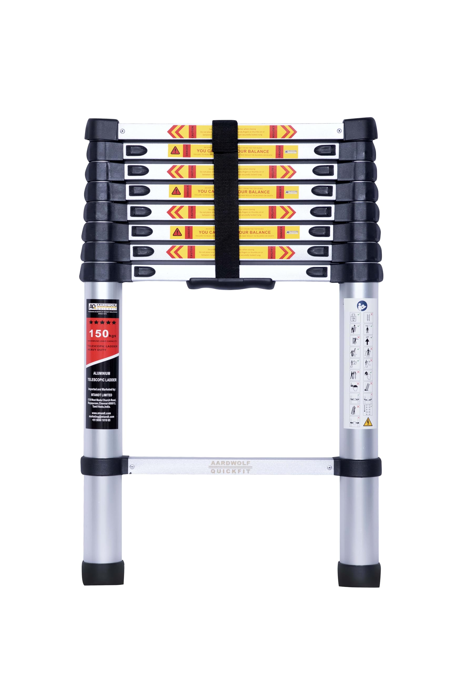 Aardwolf Quickfit 8.5 FT / 2.6 M 9 Step | Aluminum Folding Telescopic Ladder | 150kg Max Capacity | Ladder for Home or Outdoor Work