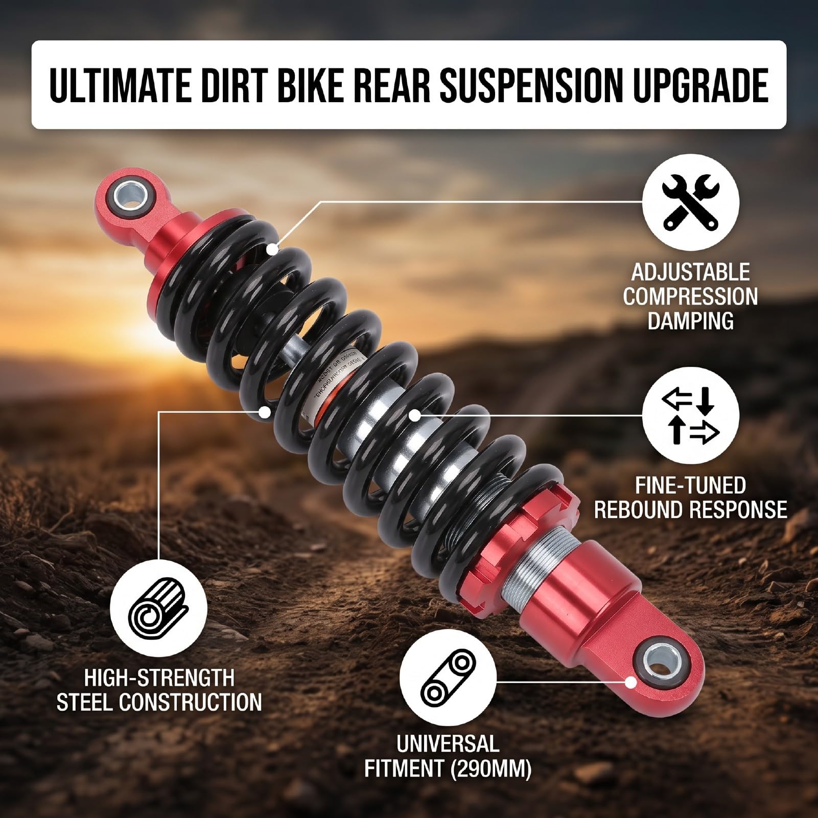 Fydun Regulowany Tylny Amortyzator Motocyklowy 290mm Uniwersalna Zastępcza Sprężyna Zawieszenia do Dirt Pit Bike ATV