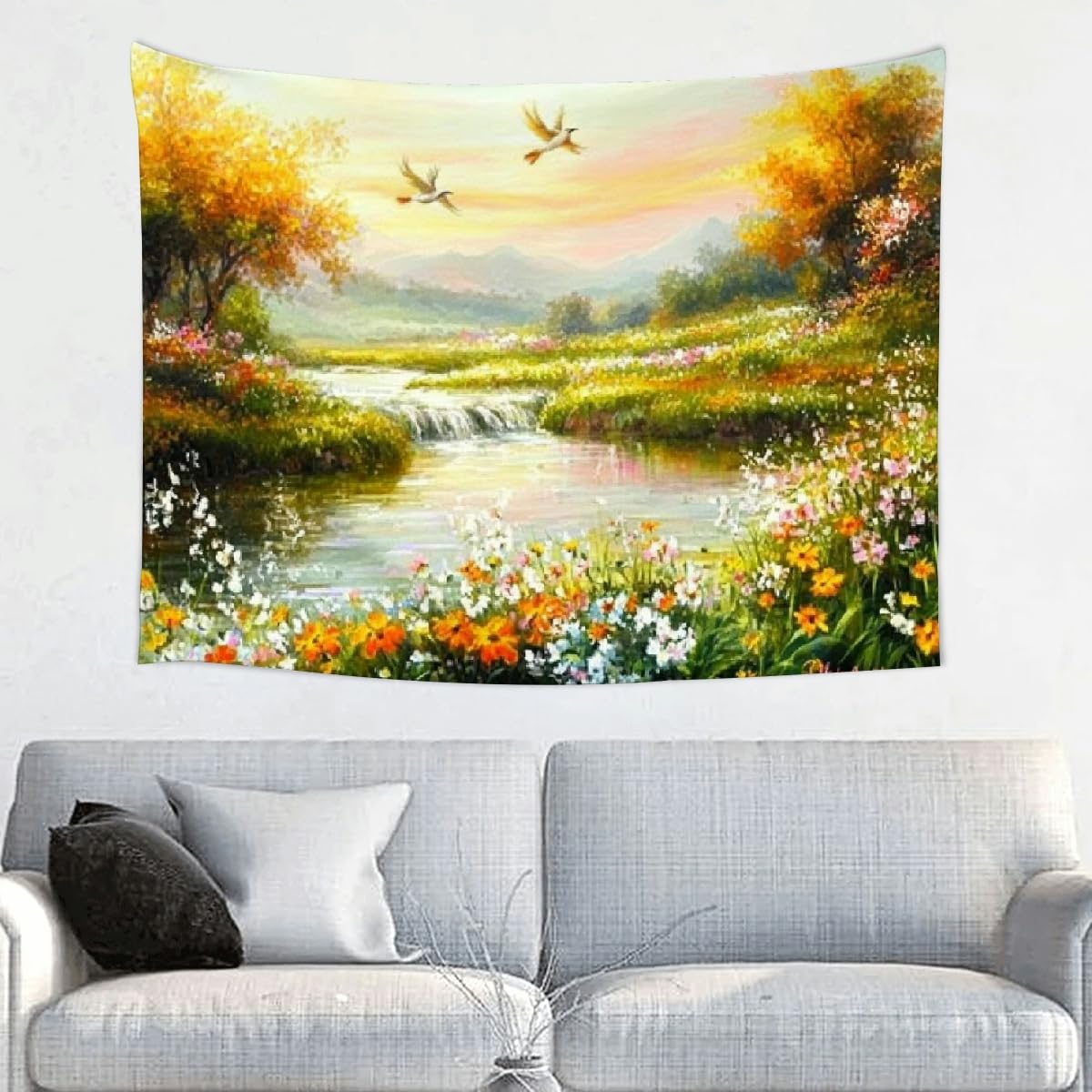 Creowell Flowers Birds Wall Tapestry for Living Room Bedroom Dorm, 100% Polyester Decorative Wall Hanging, Vivid Color HD Printing, Soft Lightweight