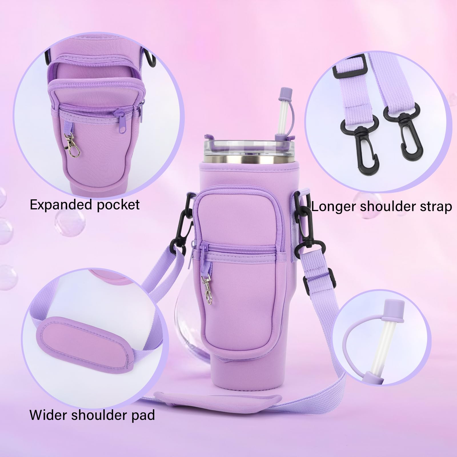 Sahunfri Bottle Bag for Stanley Cup 40oz, Water Bottle Holder fits Stanley Cup with Silicone Straw Cover, Adjustable Strap - Image 2
