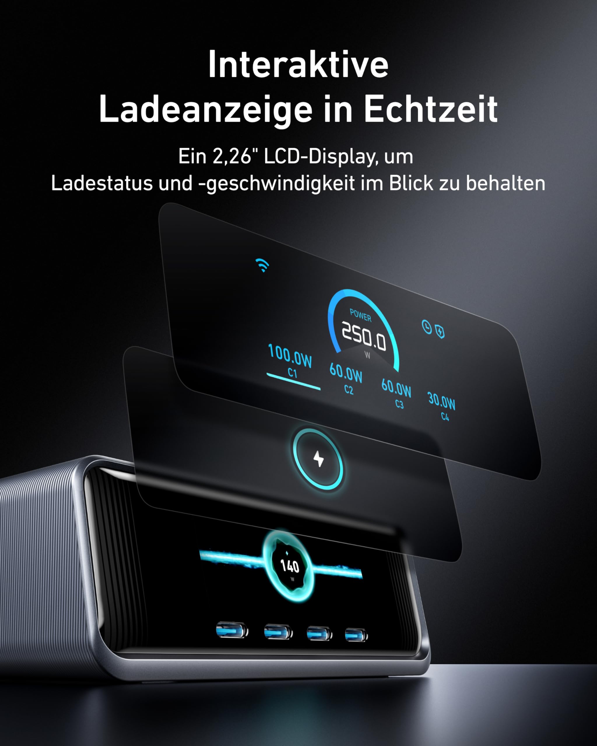 Anker Prime 250W USB C Ladegerät, Ultra-schnelle 6-Port GaN Ladestation, 2,26" LCD-Display und Smart Control Regler, kompatibel mit MacBook Pro/Air, iPhone 17/16/15, Pixel, Galaxy, Apple Watch & mehr