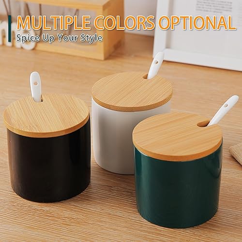 Miniatura 7 de Kitchenexus Azucarero con tapa y cuchara, recipiente de cerámica para azúcar con cuchara y tapa de bambú para barra de café, tarro dispensador de