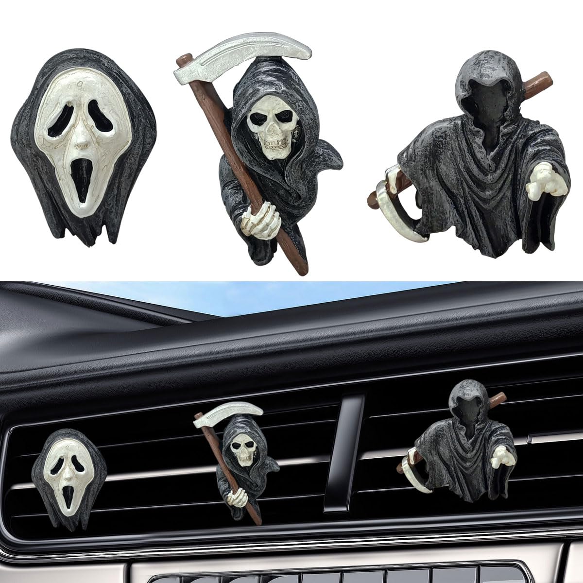 3PCS Cool Skull Car Vent Clip, Ghost Skeleton Car Diffuser Air Outlet Clip, Halloween Decorations Spooky Car Interior Accessories, Funny Presents for Men Women (Ghost)