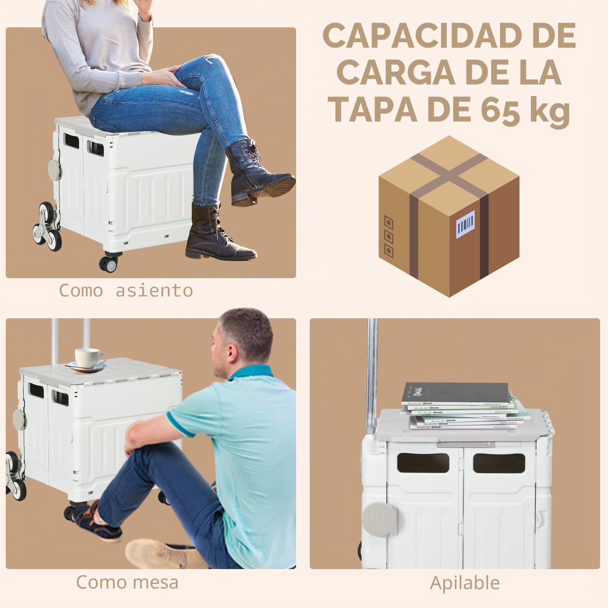 HOMCOM Carrito de Compras Plegable Sube escaleras 52x48x100 cm Blanco | Ruedas, tapa, mango telescópico, carrito de compras, 80kg, cesta de 51L, aluminio.