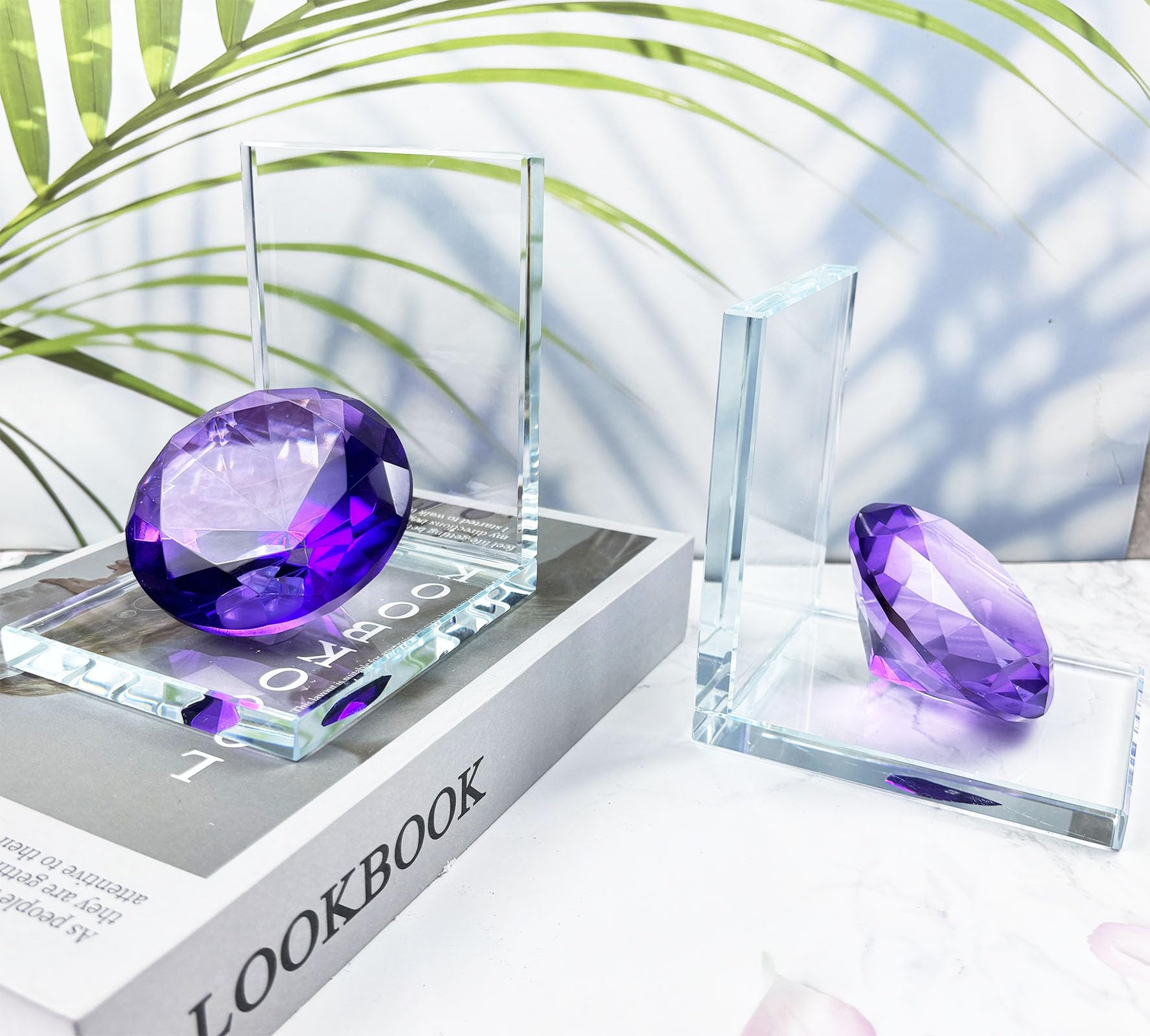 Crystal Bookends Decorative Glass Book Holders Heavy Duty Book Ends with Diamond for Shelf Decor Unique Book Stopper Purple