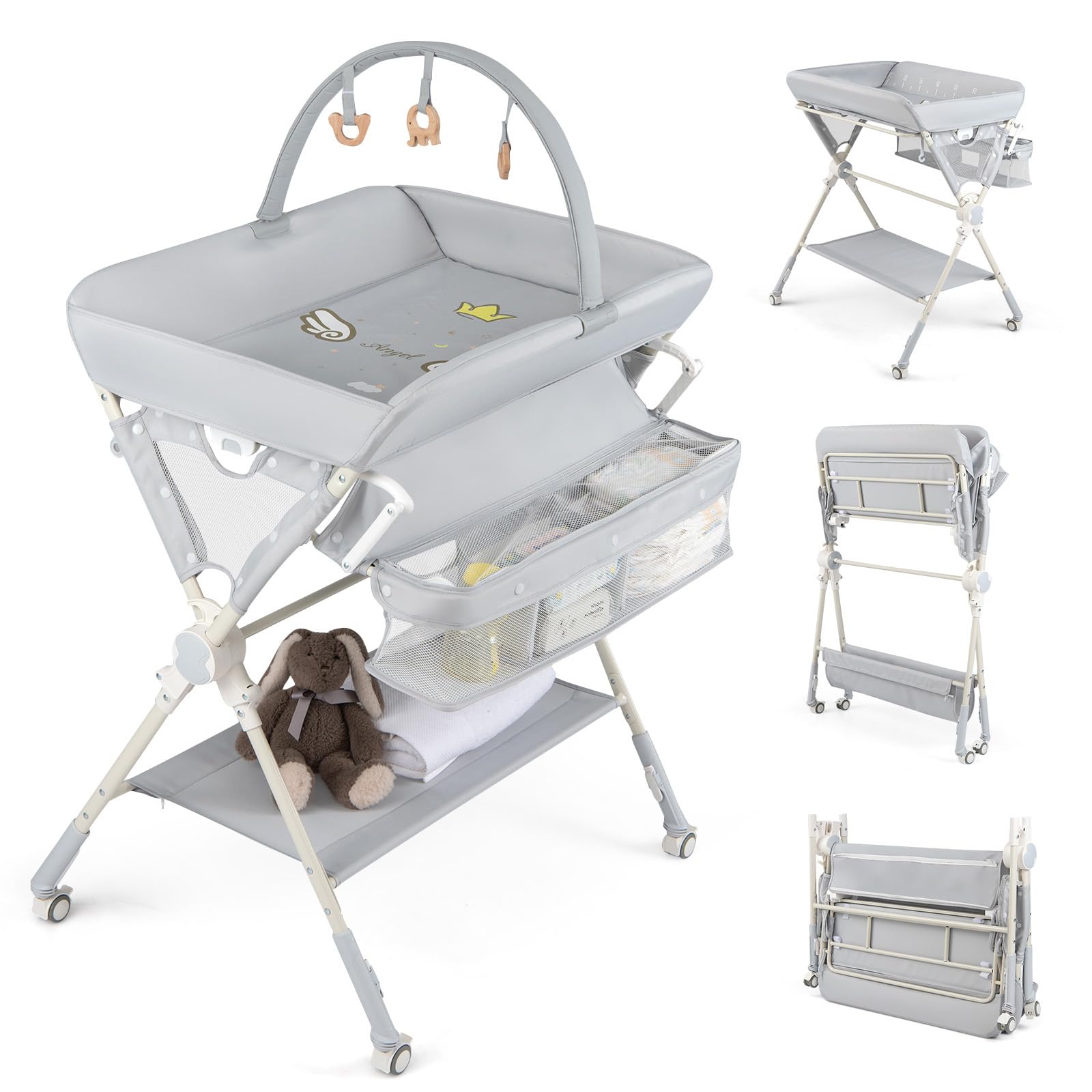 COSTWAY Fasciatoio Pieghevole per Bambini, Fasciatoio Portatile con Ruote, Altezza Regolabile, Piattaforma Rimovibile, con Barra Giocattoli, Stendino, Misuratore, Cestini, Portata 25 kg