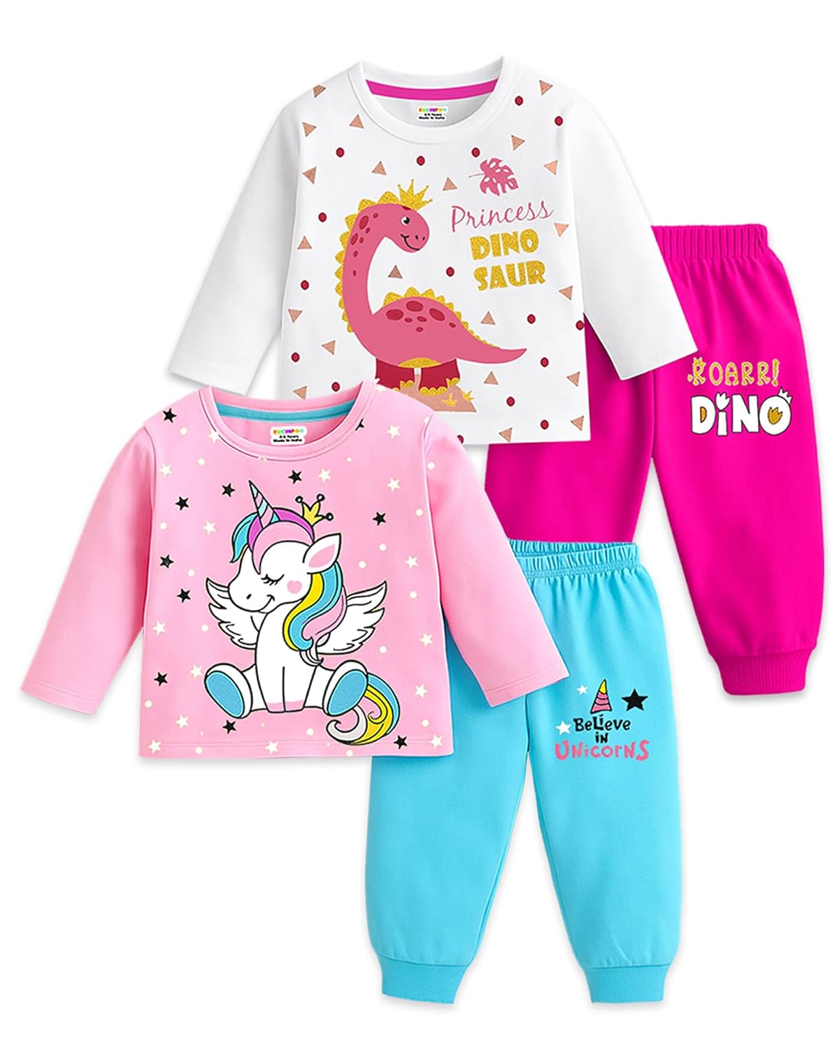 Kuchipoo Girls Regular Fit Cotton T-Shirts and Pyjamas Clothing Set Kuchipoo Girls Regular Fit Cotton T-Shirts and Pyjamas Clothing Set