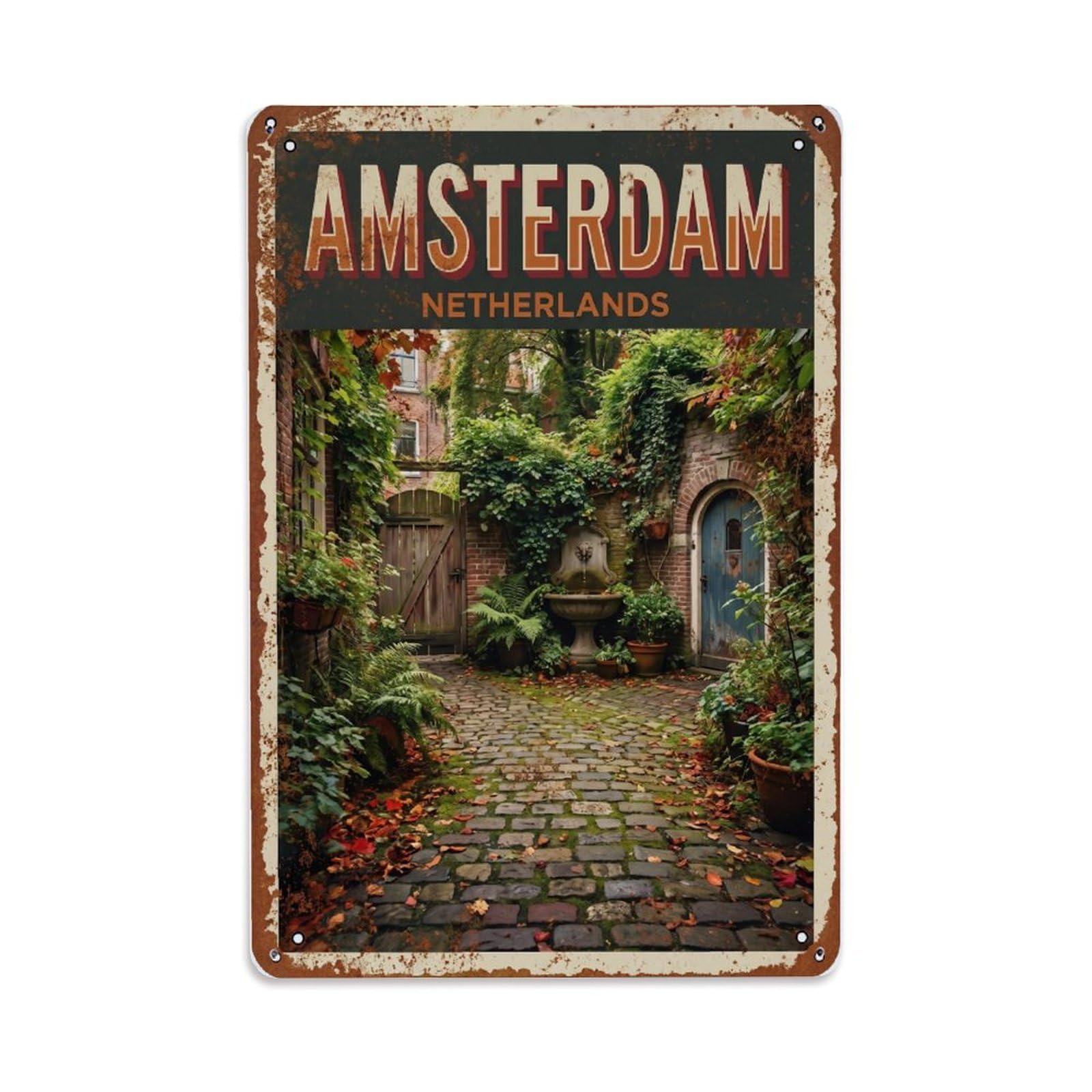 Vintage Travel Courtyard Netherlands Hidden Metal Tin Sign Plaque Wall Decor for Cafe, Club Bar, Office, Home Garden Metal Poster 8x12Inch