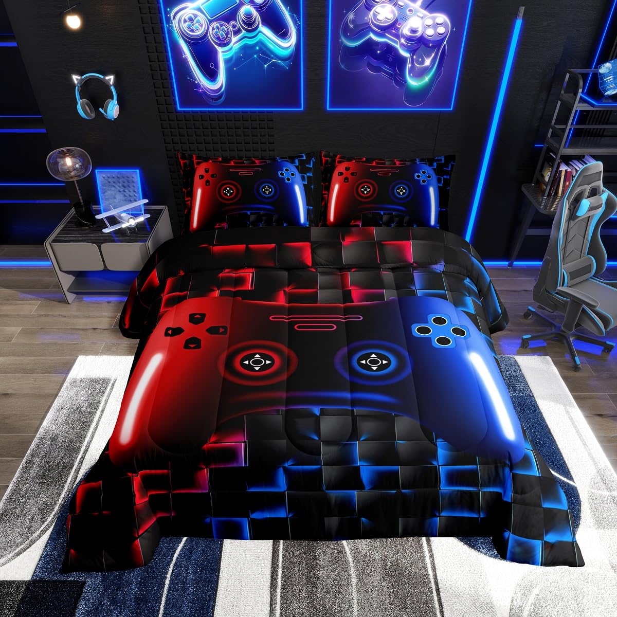Erosebridal Gaming Bedding Sets for Boys,Twin Size Comforter Sets for Boys Girls Kids 3D Gamer Geometric Comforter,Game Console Lightweight Microfiber