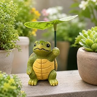 Small Turtle Garden Statue, Resin Umbrella Figurine for Pots Yard Patio | Compact resin turtle with leaf umbrella for flower pots, garden ledges, patios, shelves, indoor and outdoor decor