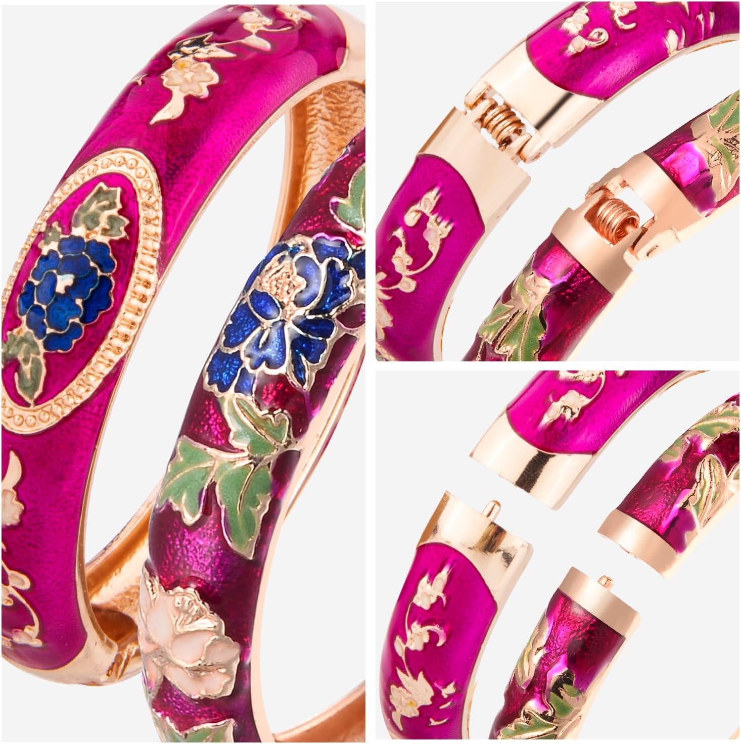 UJOY Cloisonne Bangle Colorful Enamel Filigree Rose Flower Hollowed Crystal Bracelet for Women Gifts 88A09 - Image 4