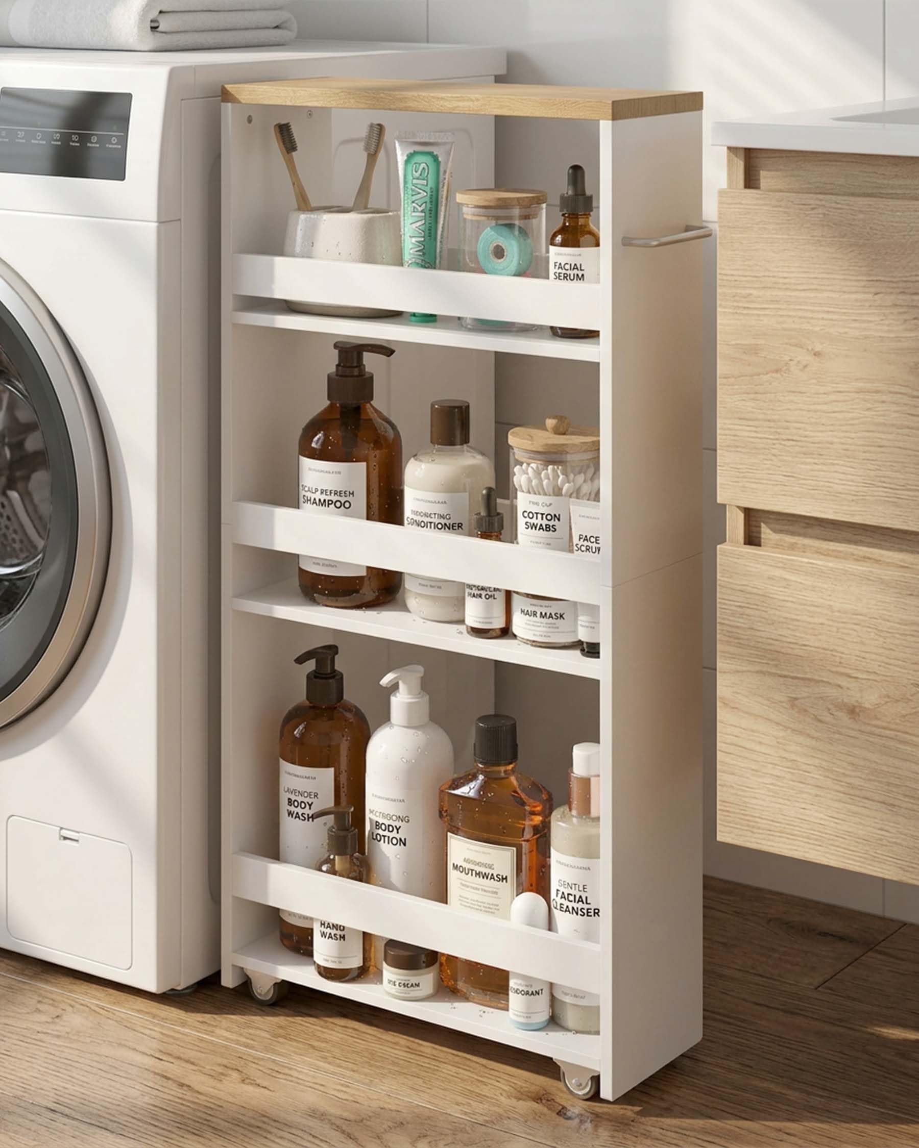 Chariot de Rangement étroit avec roulettes Blanc 40 x 14 x 80 cm pour Salle de Bain et Cuisine étagère Cuisine Salle de Bain Organisateur Meuble de Rangement 3 Niveaux Espace étroit