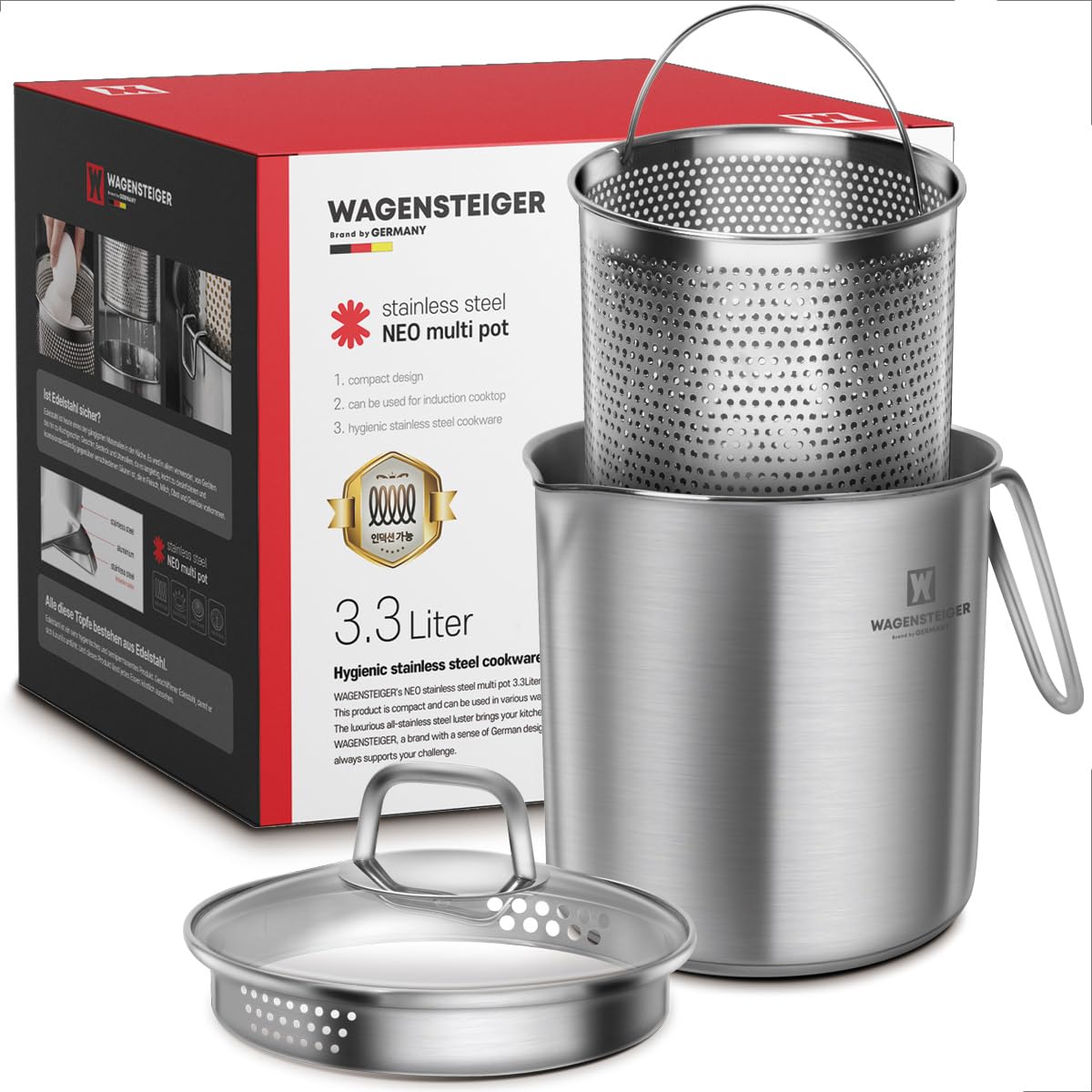 Premium Stainless Steel Asparagus Vegetable Steamer Pot Spaghetti Pasta Stovetop Induction Cooker with Removable Basket and Tempered Glass Lid (3.3Liter / 0.87Gal)