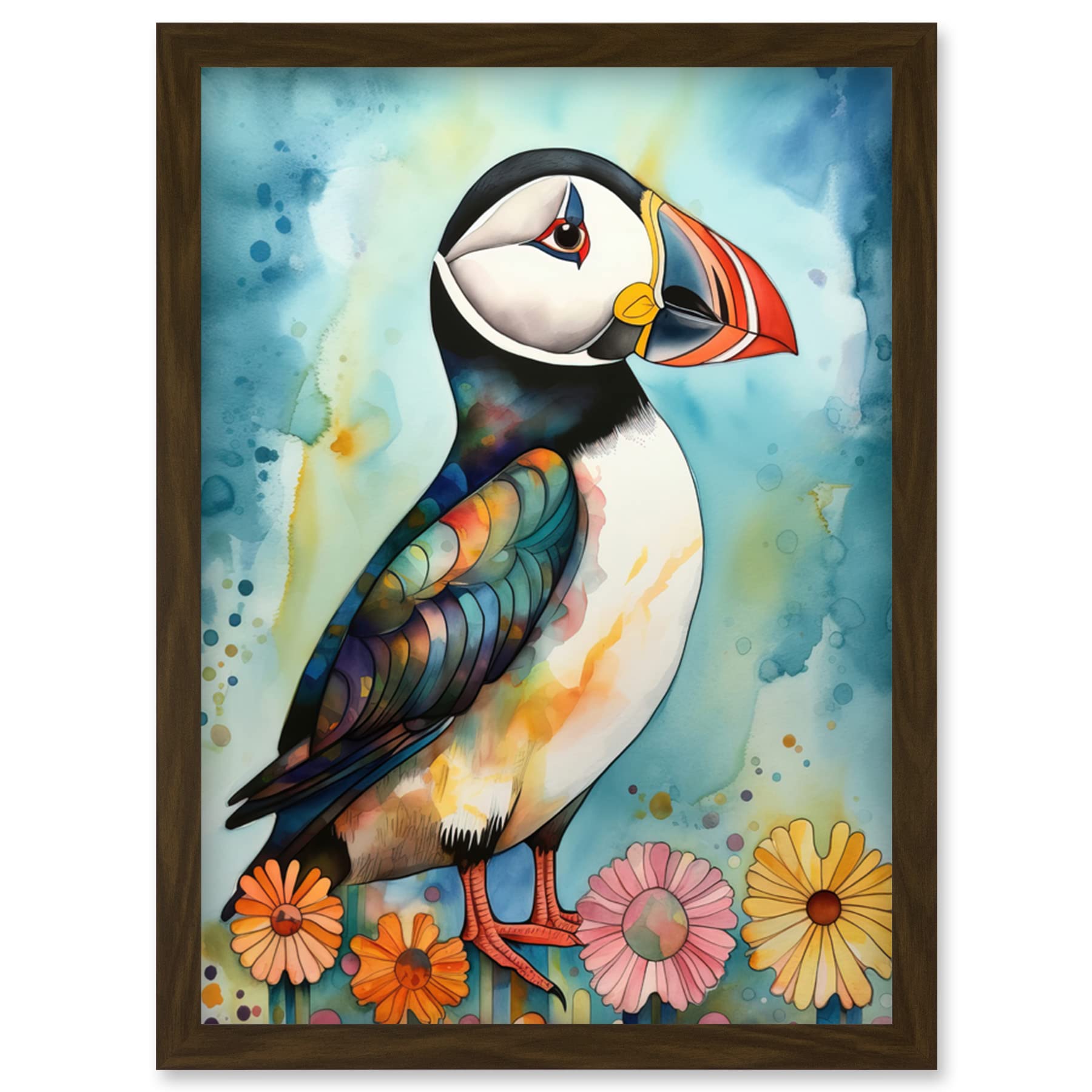 Puffin Bird With Flowers Folk Art Framed Wall Art Print - Artery8 - A4