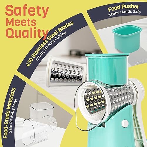 Miniatura 6 de Rallador de queso giratorio 5 en 1, manivela de mano, trituradora de verduras con 5 cuchillas intercambiables, ralladores para cocina, herramienta