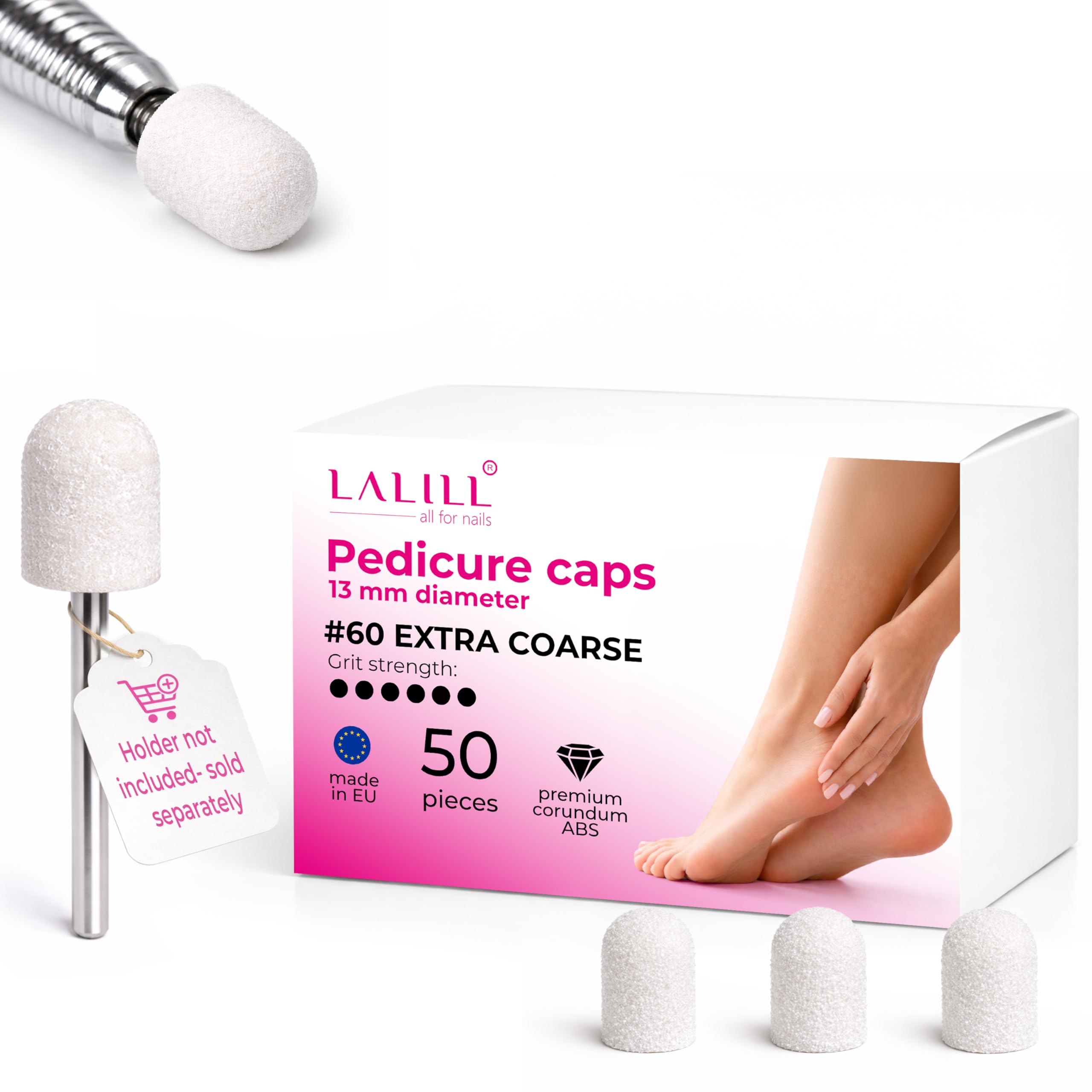 LALILL Schleifkappen LUX 50 Stück – weiße Fräskappen für Nagelfräser – Maniküre, Pediküre & Podologie – Aufsätze für Fußpflege, Hornhautentfernung, Nagelmodellage, 13mm 60er Körnung