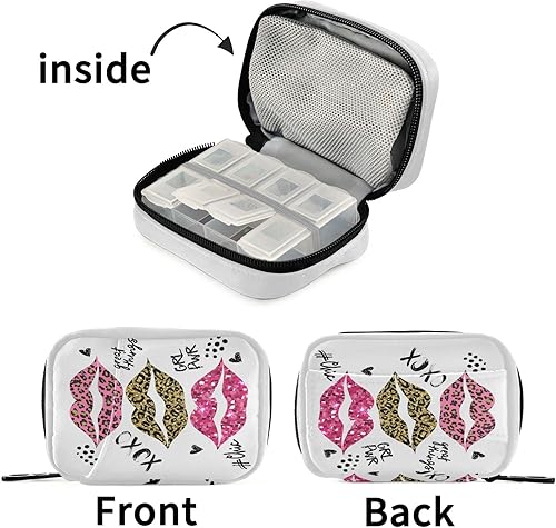 Miniatura 7 de Estuche organizador de píldoras de labios de leopardo con purpurina para 7 días, labios sexys, caja de pastillas de viaje con cremallera, portátil,