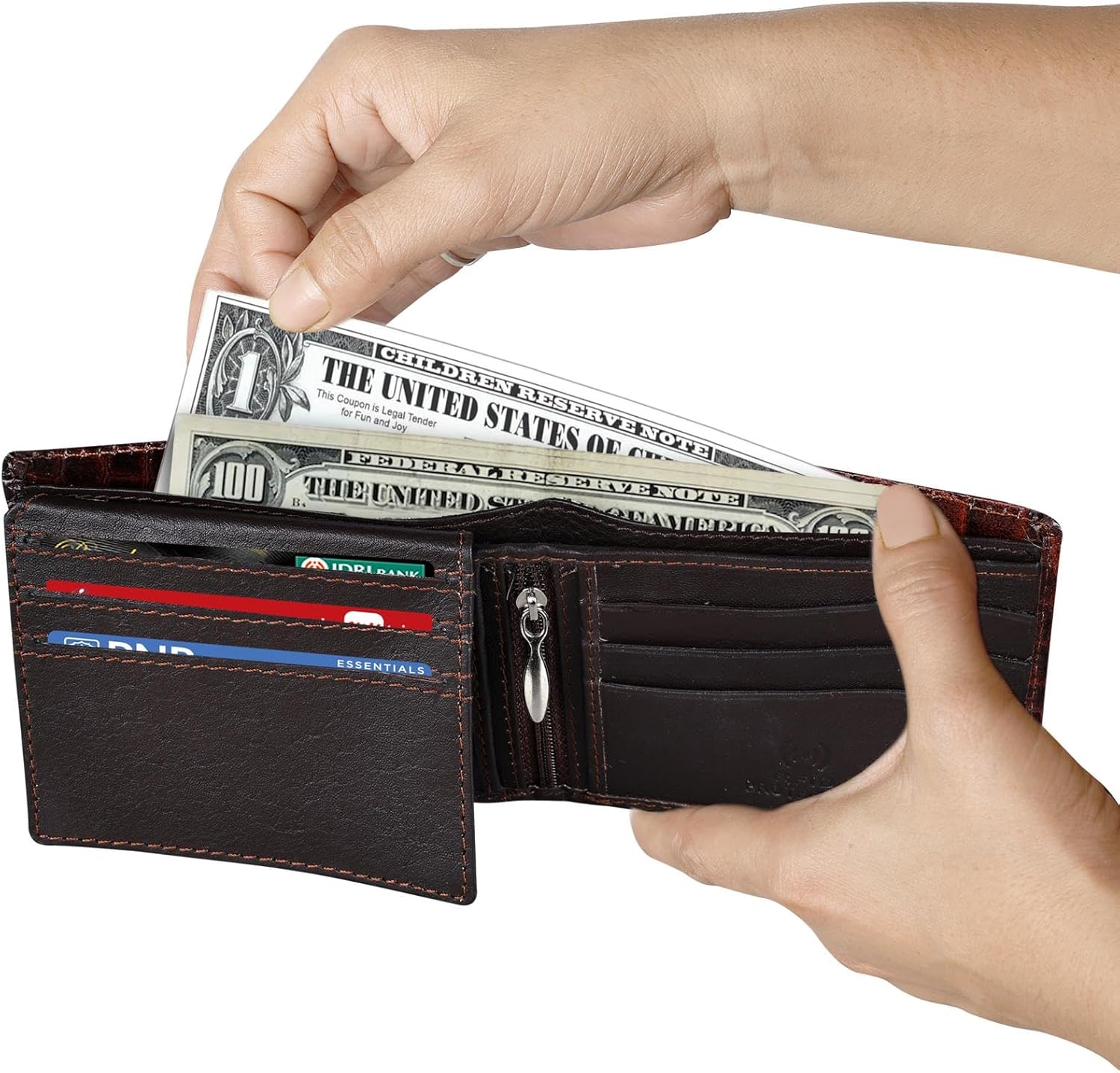 Men’s Leather Wallet RFID Blocking Slim Bifold Wallet for Men with 9 Card Slots, 1 ID Window, 2 Hidden Pockets, Zip Coin Pocket & 2 Cash Compartments Stylish Brown Crocodile Pattern - Image 6