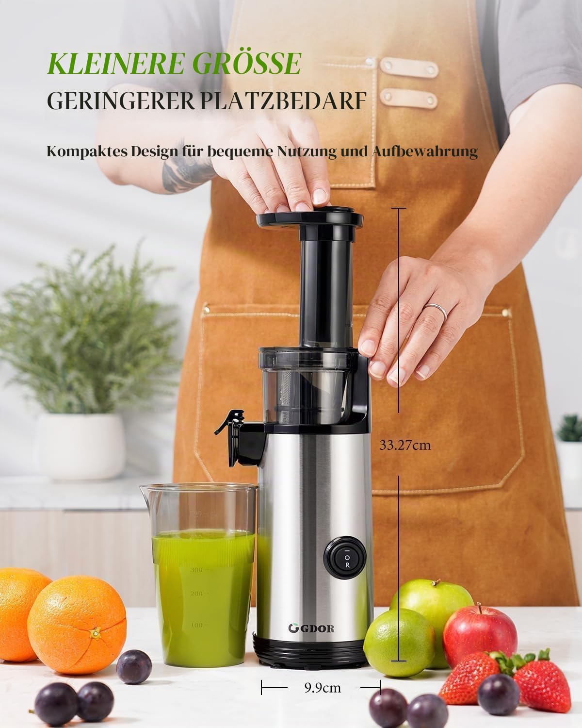GDOR Hohe Saftausbeute Entsafter Klein Slow Juicer Leistungsstark Entsafter Gemüse und Obst Leicht zu Reinigen Juicer Machine Geräuscharm Kaltentsafter 600ml, Bürste Inklusive, BPA-frei