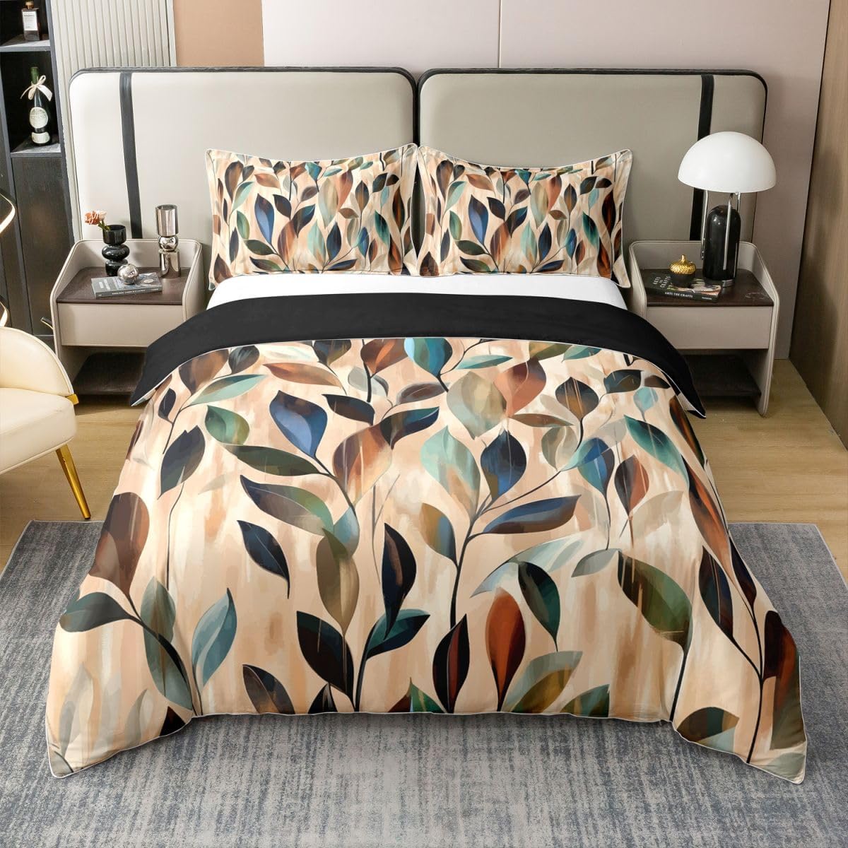 Erosebridal Leaves 100% Cotton Comforter Cover Queen Vibrant Floral Duvet Cover Boho Farmhouse Bedding Set Retro 70S Theme Bed Set 3 Pcs